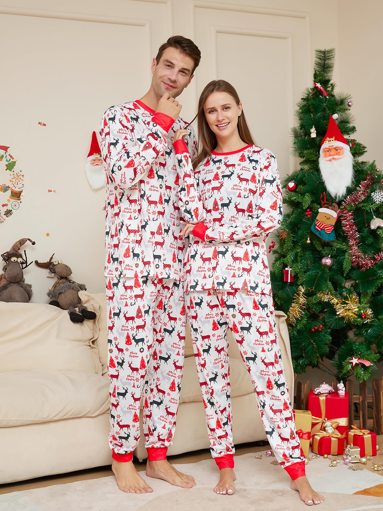 Narecte Conjuntos de pijamas familiares lindos y cómodos conjuntos de pijamas de talla grande para mujeres y hombres, pijamas de Navidad para parejas