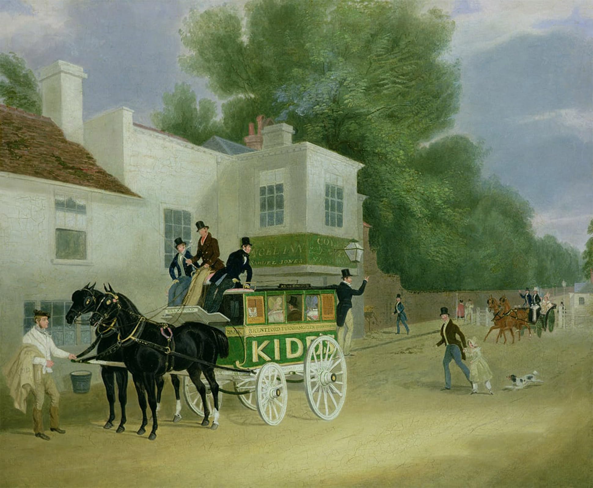 SERENDIPITP Vintage Picture Print on Canvas Wall Art Poster Kidd's Omnibus to Turnham Green At the Angel Inn by Pollard Artwork Print Poster for Wall Decor 60x90cm
