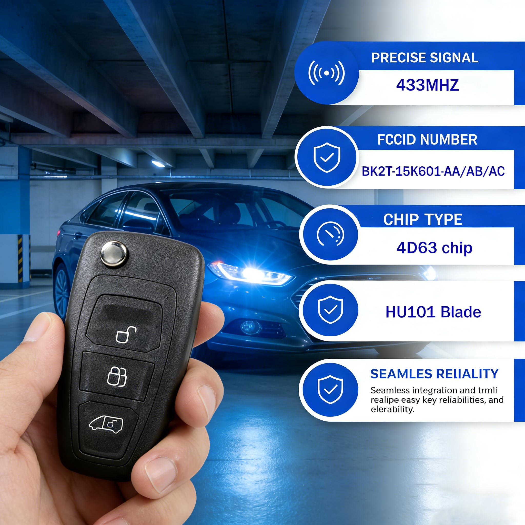 433MHz 3 Button Flip Key Fob for Ford Transit Custom Tourneo Focus Galaxy S-Max C-Max Connect with 4D-63 80 Chip,FCCID: BK2T-15K601-AA/AB/AC — view 2