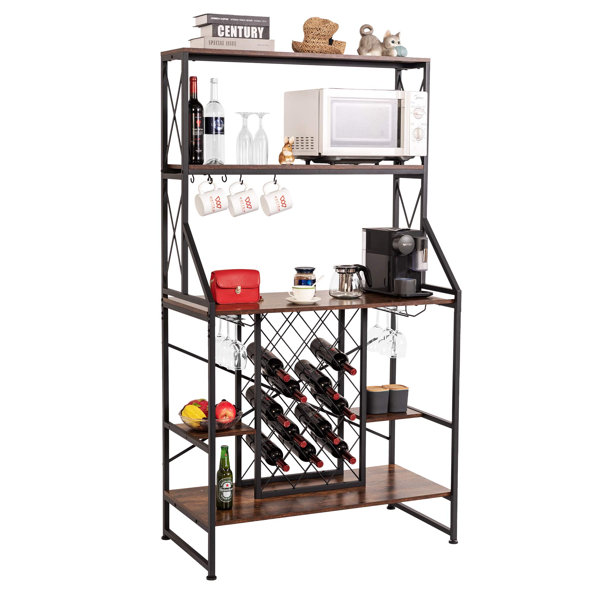 WAYTRIM Freestanding 5-Tier Wine Rack, Vintage Wine Shelf, Wine Storage Organizer Display Stand with Stemware Holder, Glass Holder & Storage Hooks - Vintage Brown