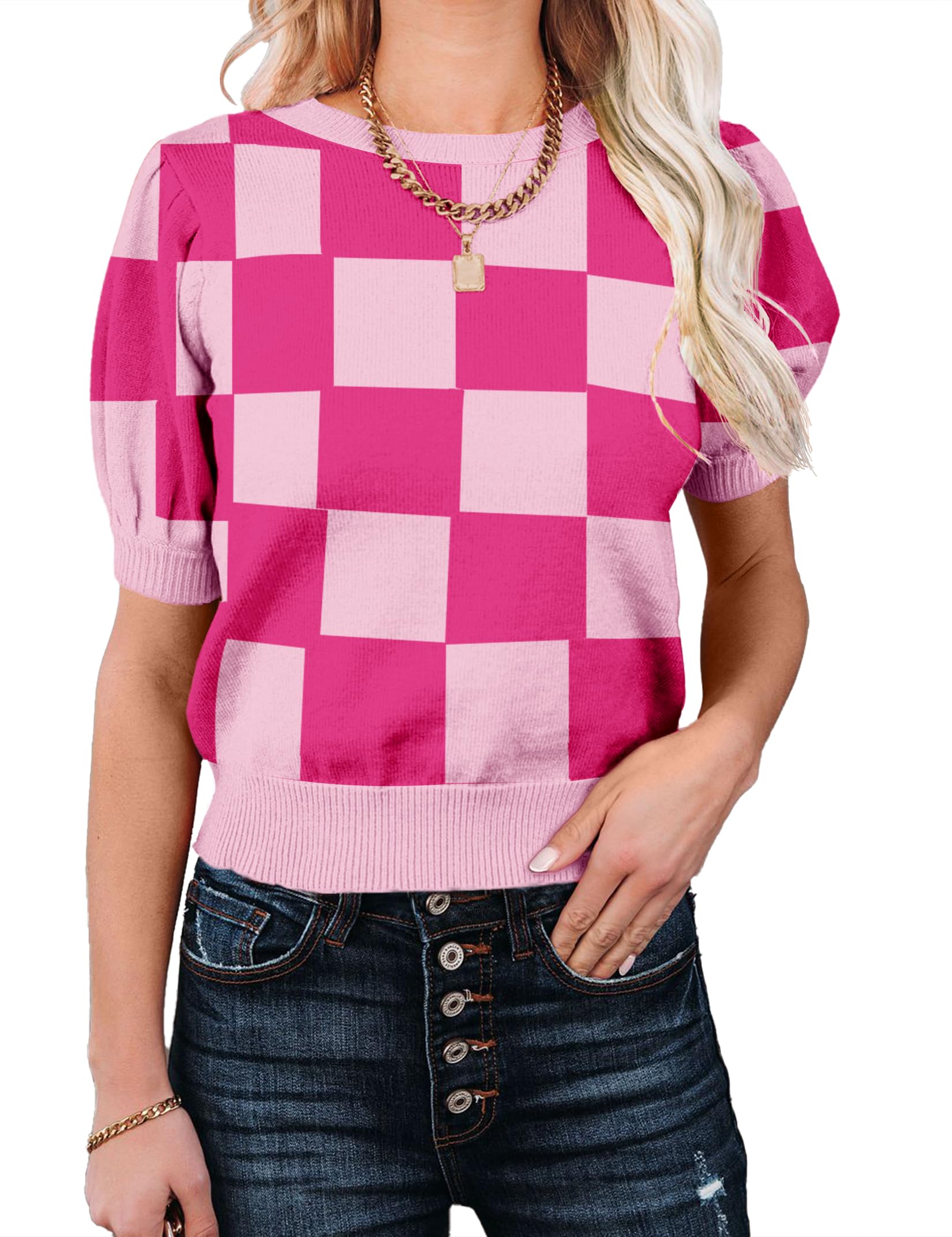 Womens Puff Short Sleeve Sweater Tops Crewneck Basic Knit Pullover Lightweight Casual Sweaters