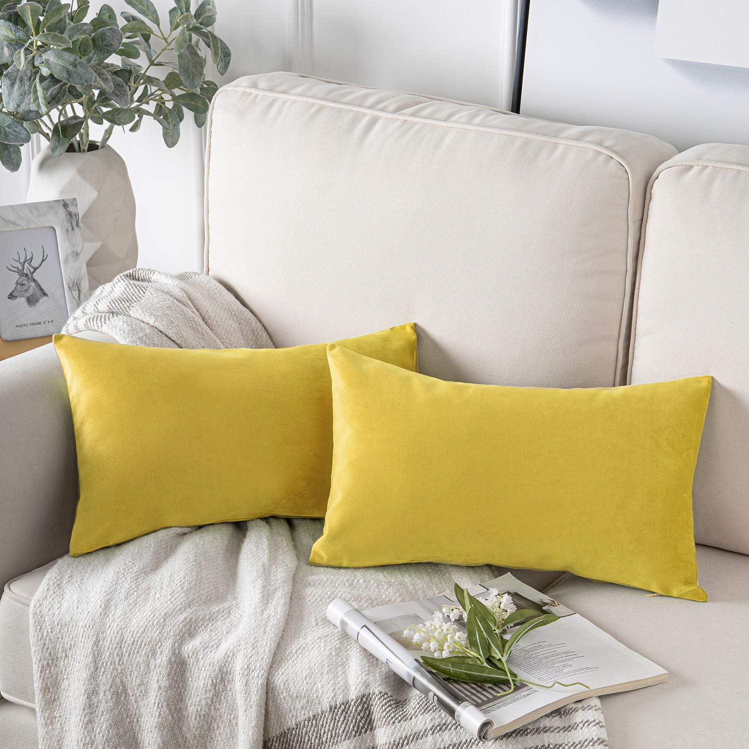 Phantoscope Pack of 2 Velvet Decorative Throw Decorative Pillow Cover Soft Solid Square Cushion Case for Couch Yellow 12 x 20 inches 30 x 50 cm