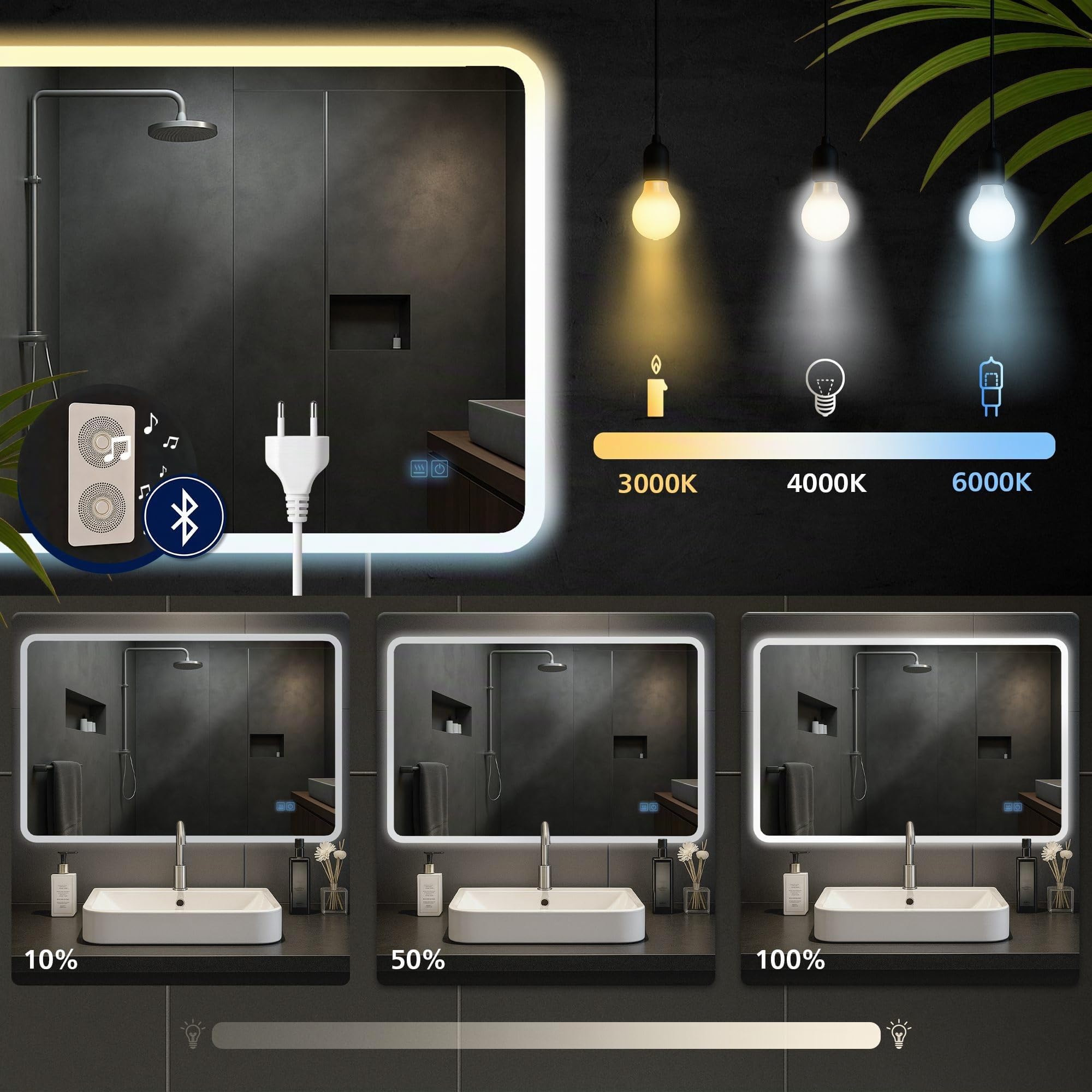 CLP Specchio da bagno Jericho con illuminazione, altoparlante Bluetooth, specchio da bagno antiappannamento, specchio da parete LED, Dimensione:70x100 cm