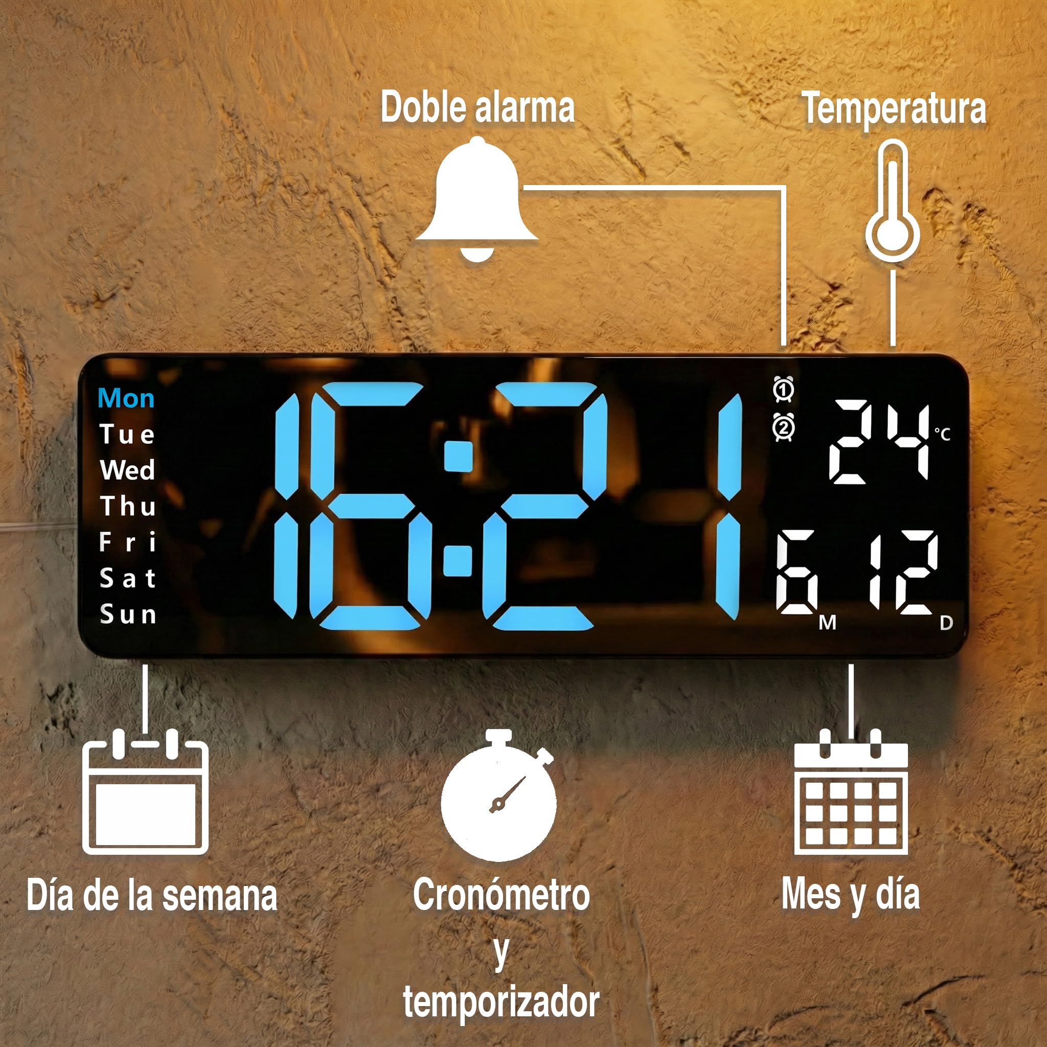 Opis Technology Clock 1 XL – Reloj Digital Pared Grande LED (31cm), Azul/Blanco. Funciona con Cable (No a Pilas). con Mando, Temperatura y Brillo Automático