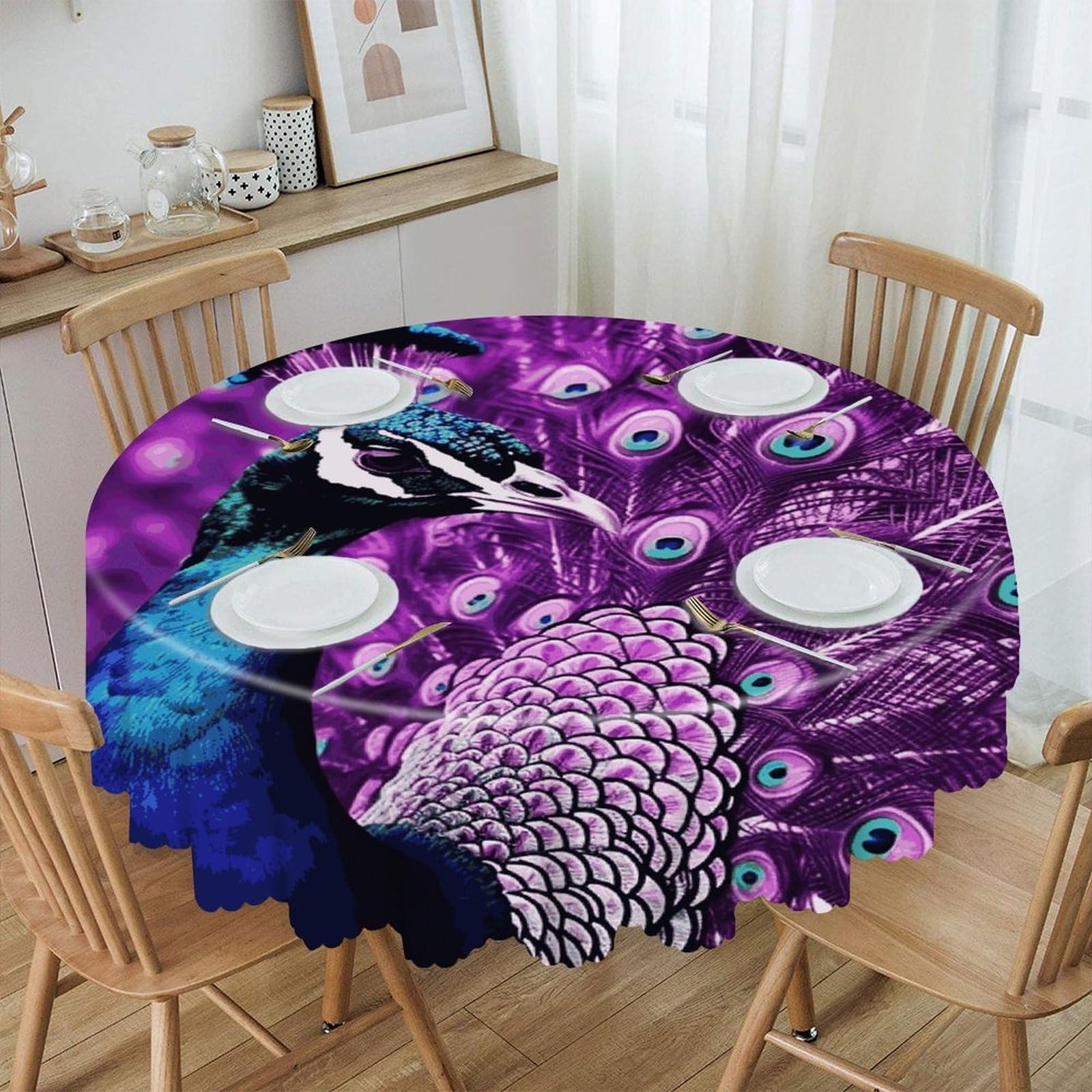 FekiLoot Purple Peacock Round Tablecloth 60 Inch Waterproof Heavy Duty Table Cloth Spillproof Washable Table Cover Wrinkle Resistant Tablecloths Decorative Table Cloths
