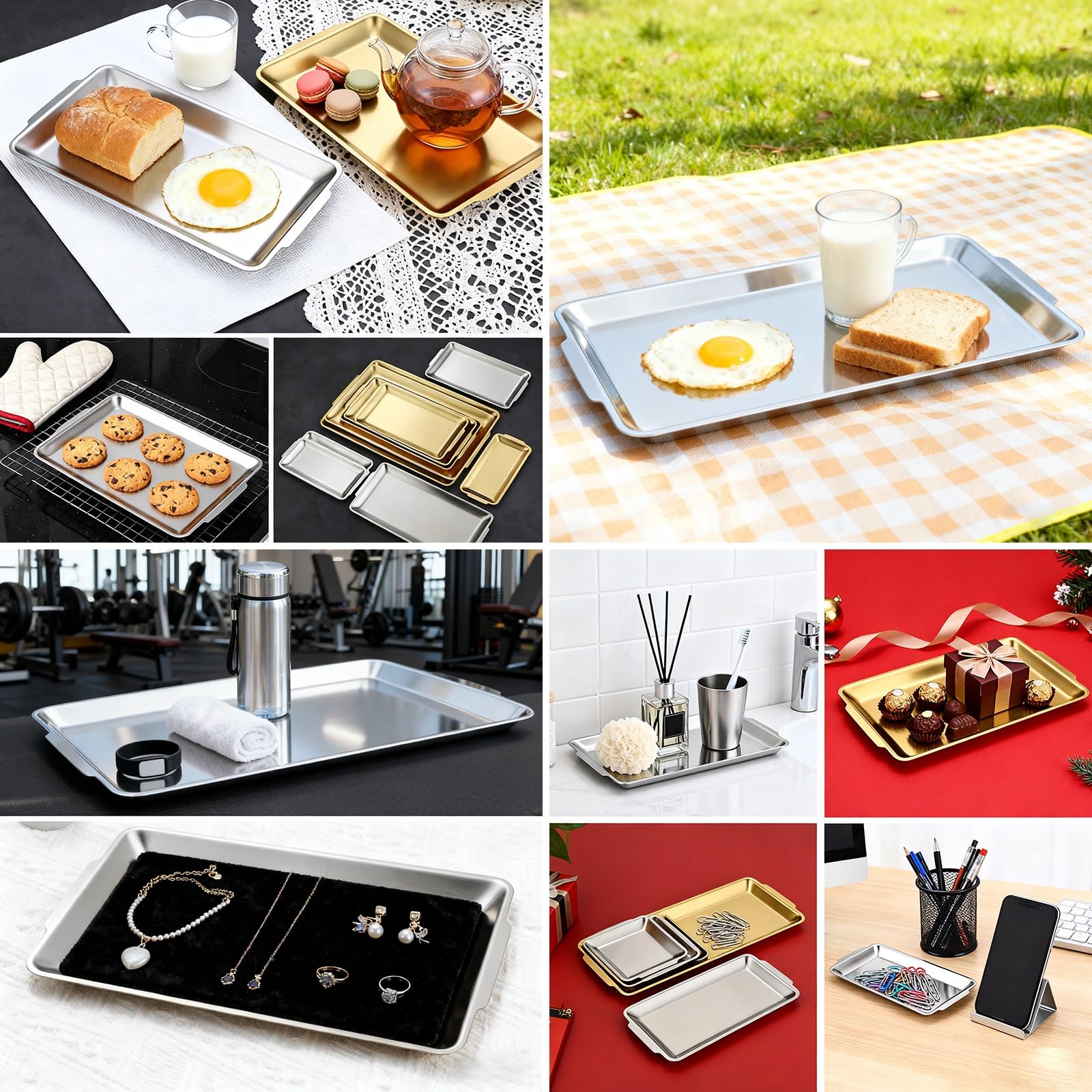 Plaque de Cuisson Four Inox Cuisine Rectangulaire Plateau de Service Plat Inox 304, Surface Brossée, Idéale pour les Fêtes, les Buffets et les Apéritifs(Gold,40x28 cm/16x11 in)