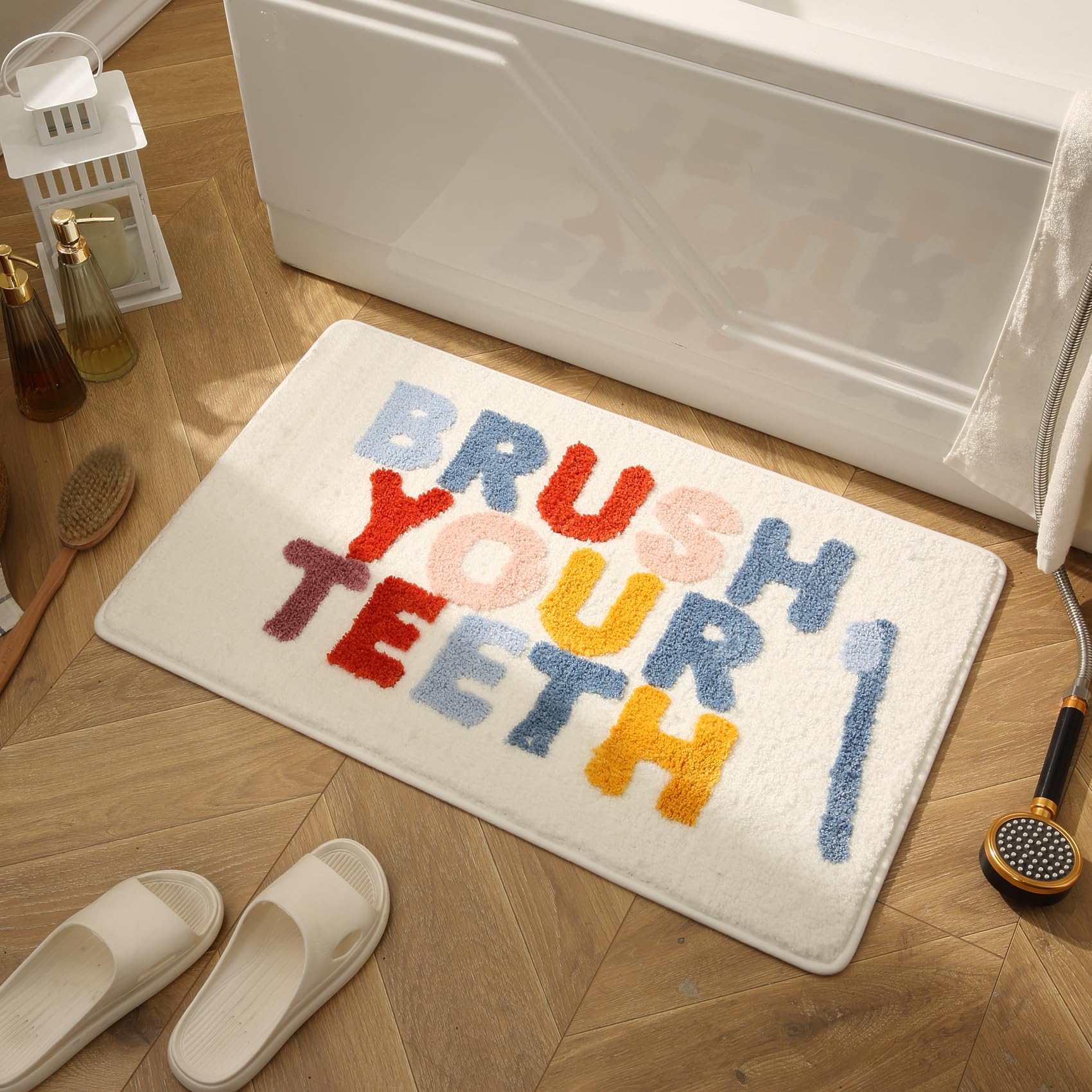 DBJOY Kids Bath Rugs Microfiber Bathroom Non-Slip Mat Washable Cute Bath Mat for Kids Modern Absorbent Funny Letters (Brush Teeh, 20"x32")