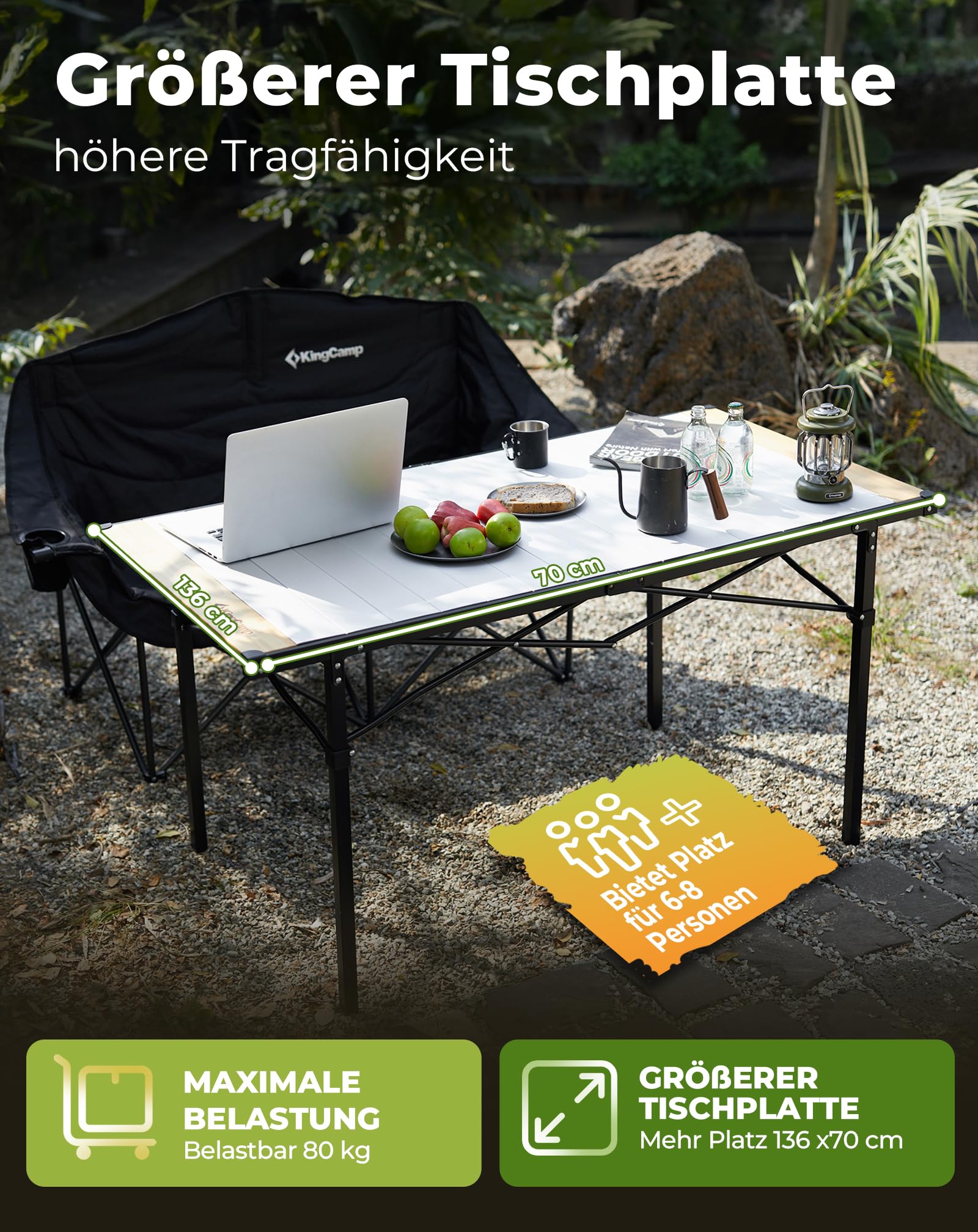 KingCamp Campingtisch klappbar Klapptisch mit Aluminiumrahmen Aufrollbare Tischplatte für 4-8 Personen Campingtisch faltbar mit Tragetasche belastbar bis 80 kg