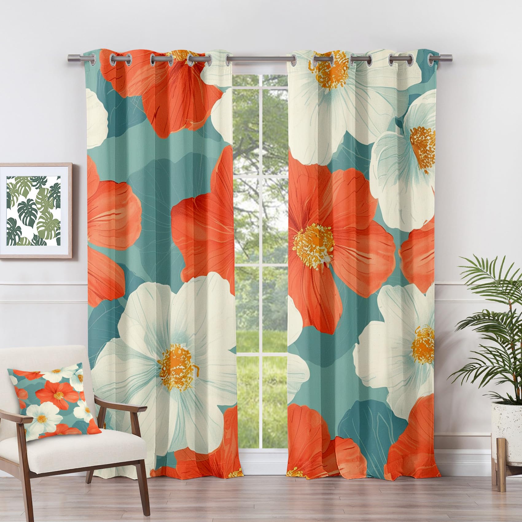 Floral Curtains for Bedroom Eyelet - Floral Curtains - Tropical Flower Cotanical Blackout Curtains 46 x 90 Inch (Width x Drop) 2 Panels, Bright Floral Eyelet Curtains & Drapes