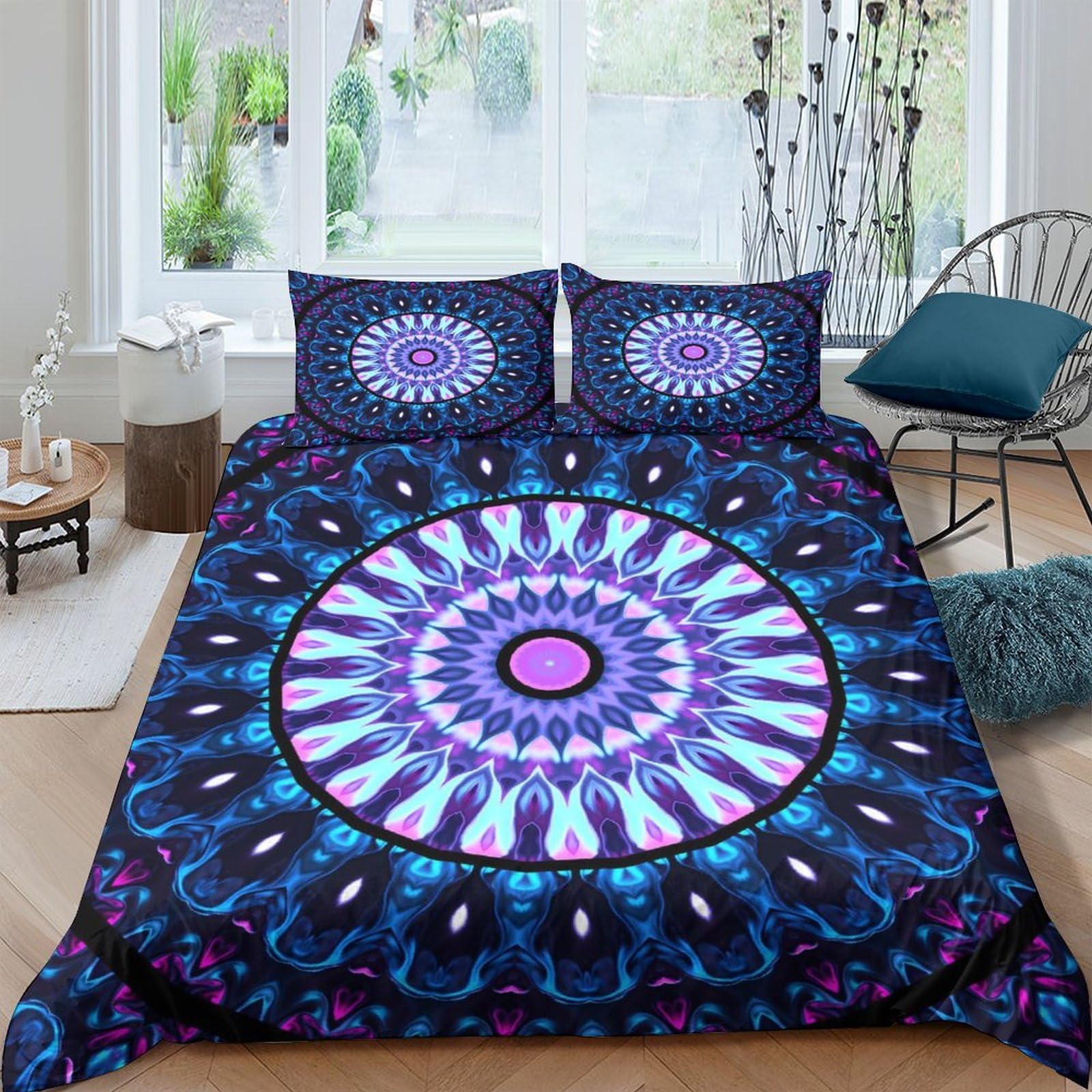 Ctjqhvkz Style-3 3D Printed Mandala Blue Fitted Sheet Microfiber Soft Bedroom Decor Boho Psychedelic Bed Cover For Home Dorm Mattress Protection Single（135X200cm）