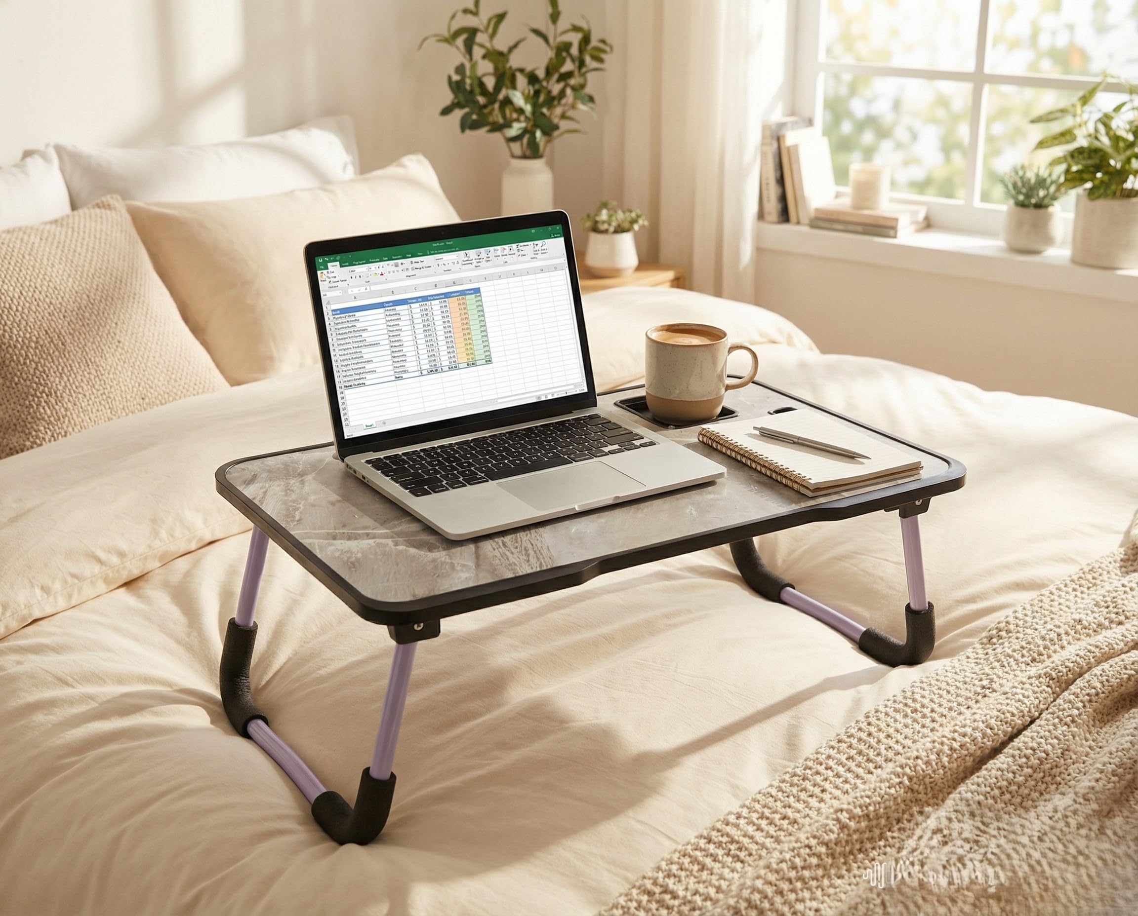 VISBY INDIA Foldable Wooden Mini Laptop Table for Bed, Study Table with Drawer, Tablet/Mobile Holder for Kids & Adults (MARBLE NEW)