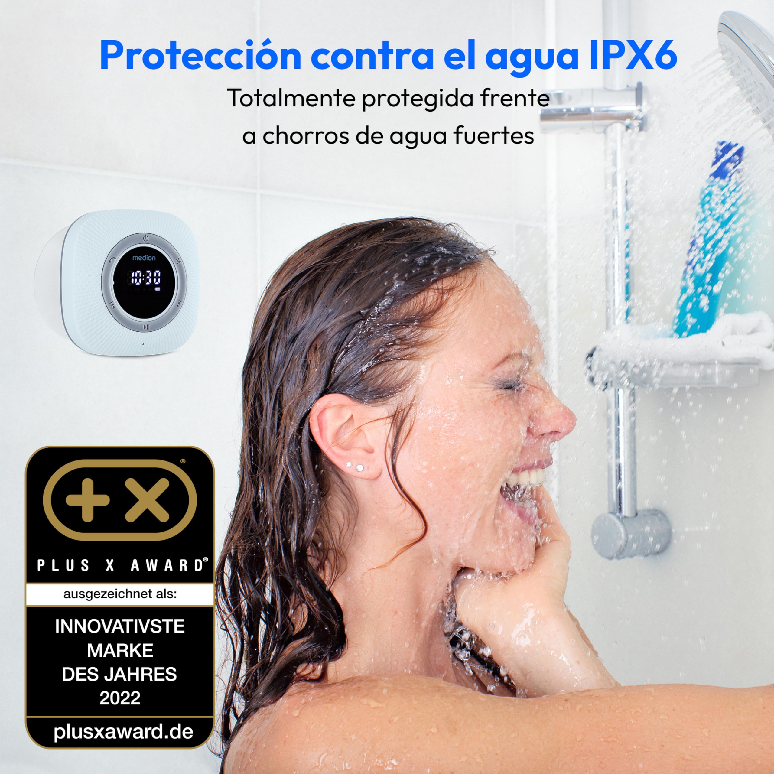 MEDION P66096 Radio de Ducha con Bluetooth (Radio de baño, Radio FM, Ventosa, Pantalla LED, Impermeable IPX6, batería Recargable integrada, MD43884) Azul