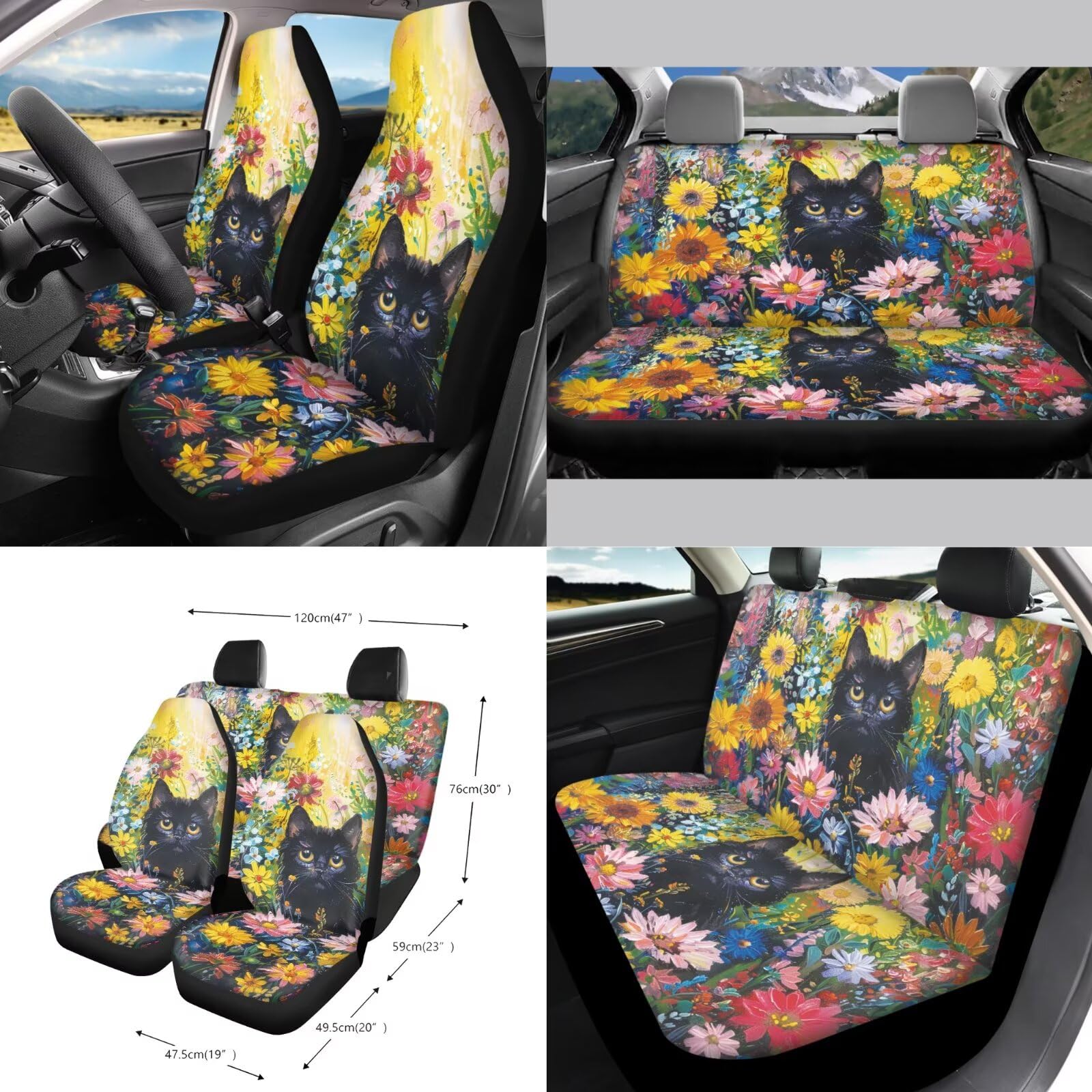 Set di coprisedili e coprivolante per auto con stampa di margherite, con cuscinetti per cintura di sicurezza, copertura interna per specchietto retrovisore, cuscinetti, pattumiera, tasca