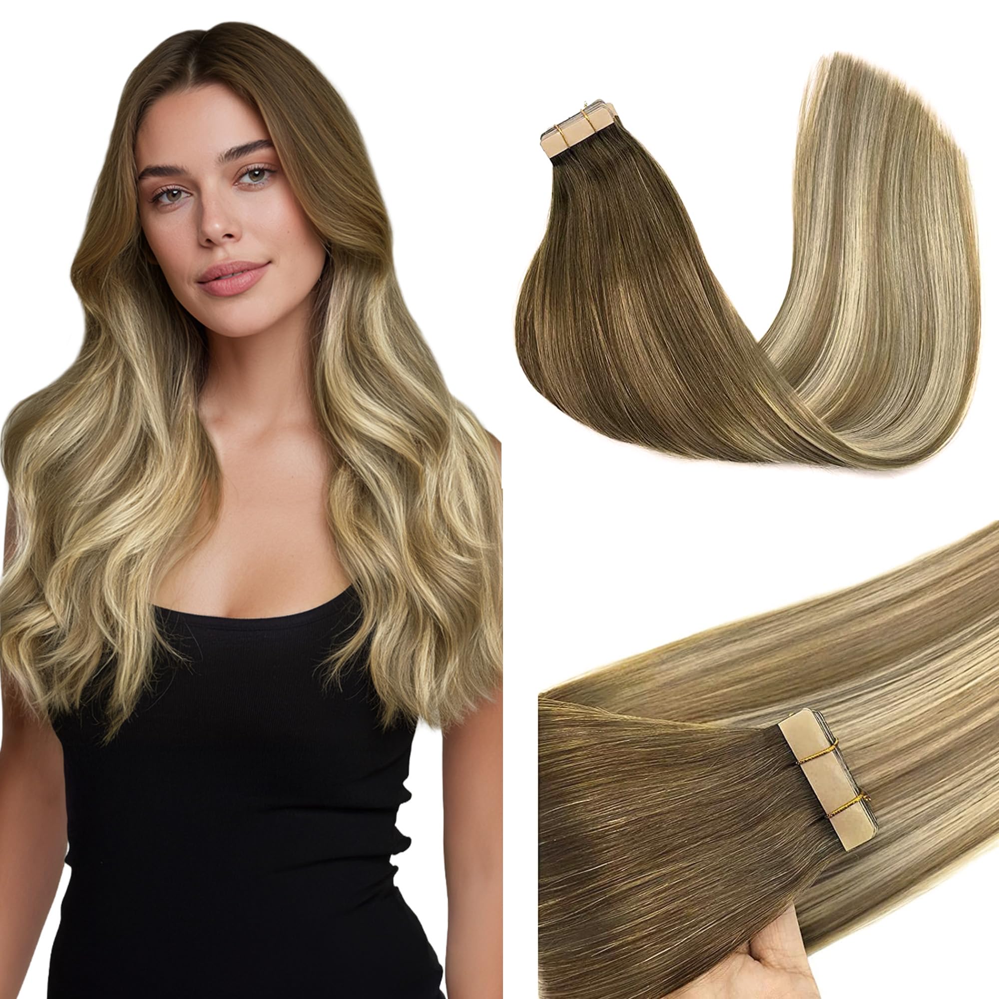 GOO GOO Tape in Hair Extensions Human Hair, 3/8/613 Walnut Brown to Ash Brown and Bleach Blonde, 18inch 50g 20pcs, Skin Weft Seamless Invisible, Silky Straight with Thick Ends, Remy Human Hair