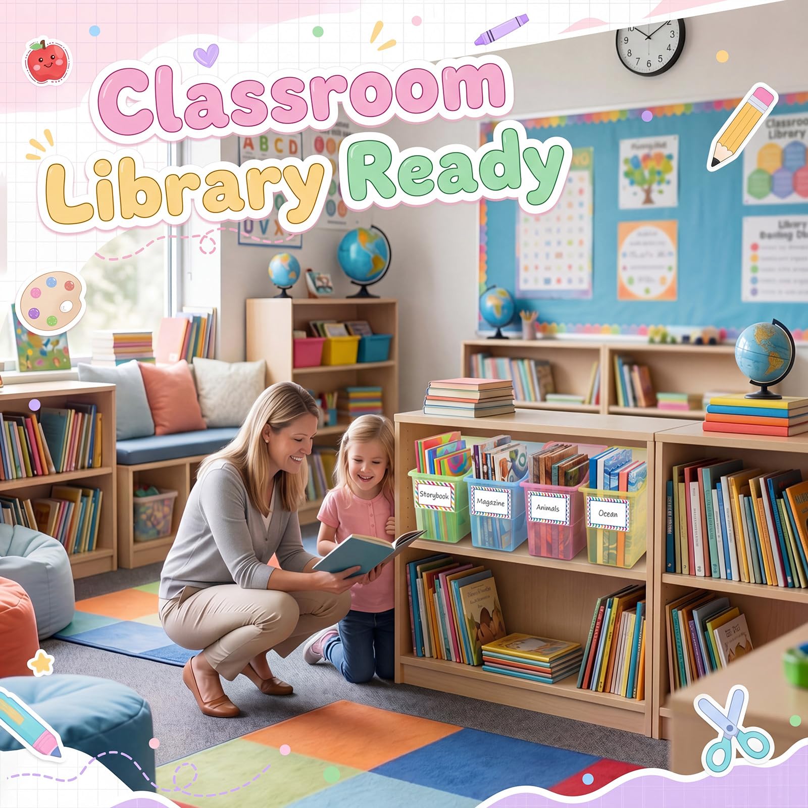 Blosssound Set di 12 contenitori per libri per aule con etichetta adesiva per libri, in plastica, impilabili, per riporre e organizzare in classe, biblioteca, casa, scuola (pastello traslucido)