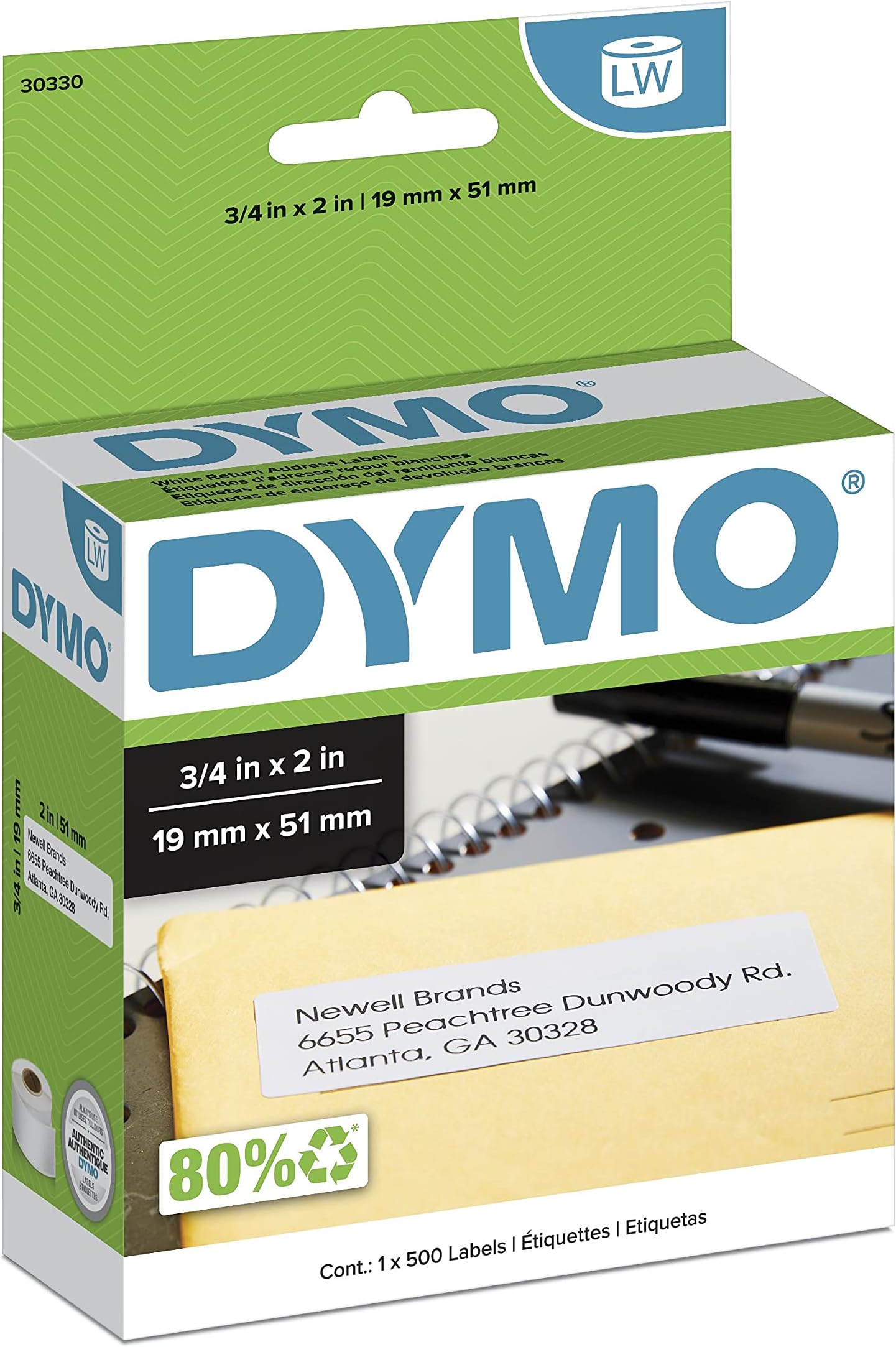Authentic LW Return Address Labels DYMO Labels for LabelWriter Label Printers White 3/4" x 2" 1 Roll of 500