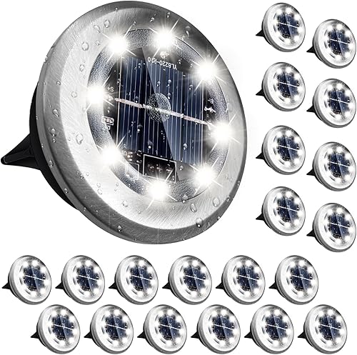 PASAMIC Paquete de 20 luces solares de tierra, 8 luces LED solares impermeables para jardín, luces brillantes para exteriores, iluminación de
