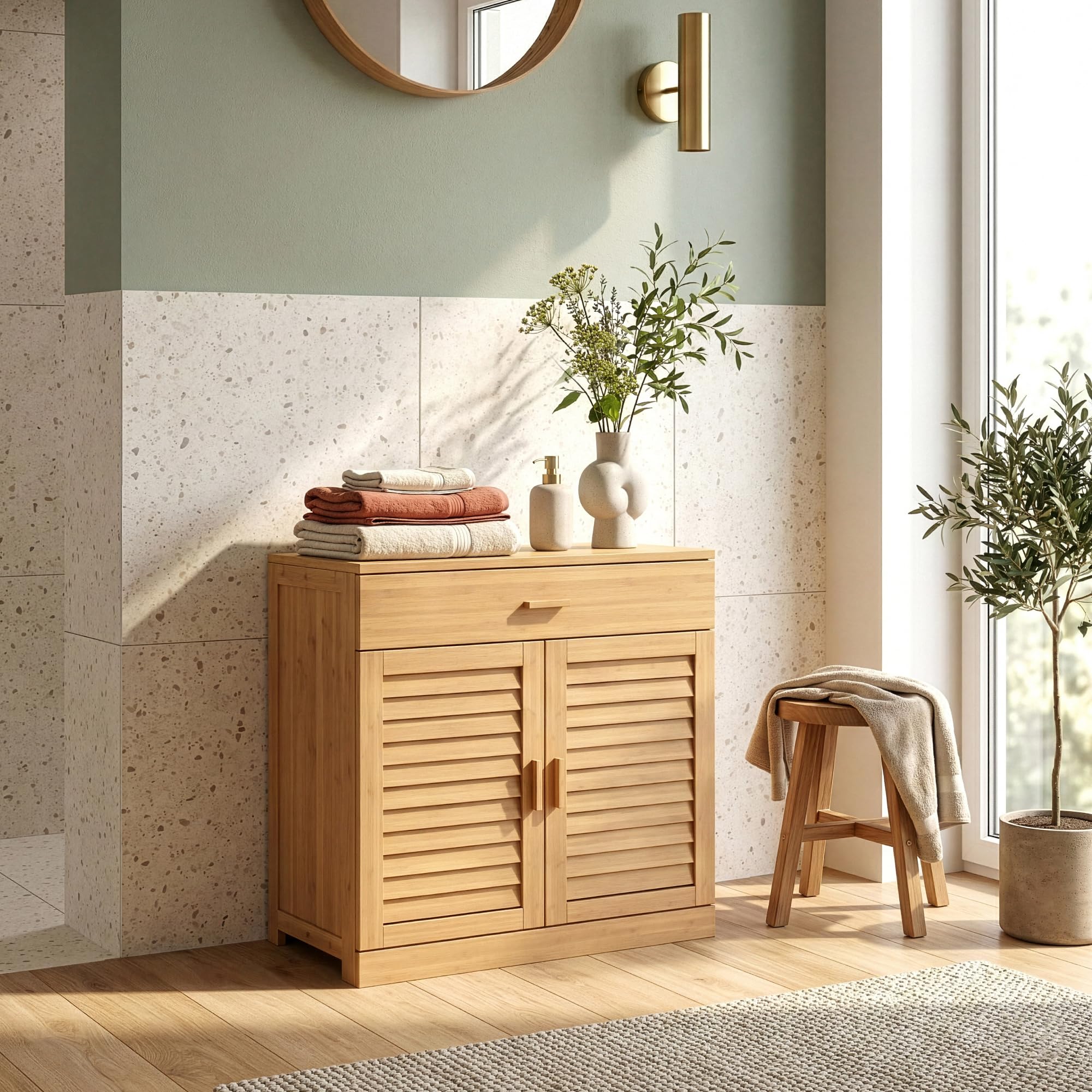 [en.casa] Scarpiera a 2 Ante con Cassetto Mobile Contenitore con 3 Ripiani Armadietto Portascarpe in Bambù Naturale per Ingresso Corridoio Bagno 67 x 66 x 34 cm