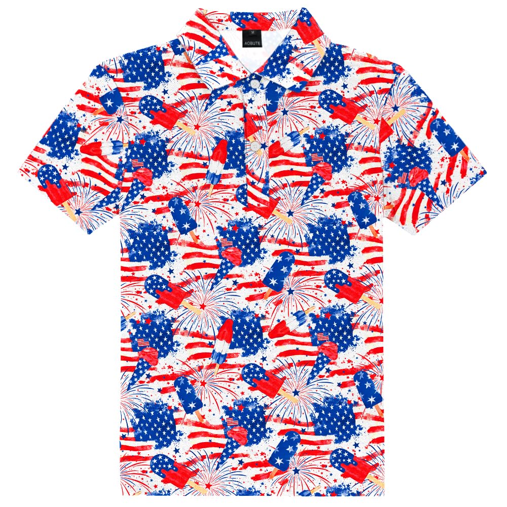 AOBUTE Kids 4th of July Polo American Flag Short Sleeve Button Down Shirts Tops 3-14 Years