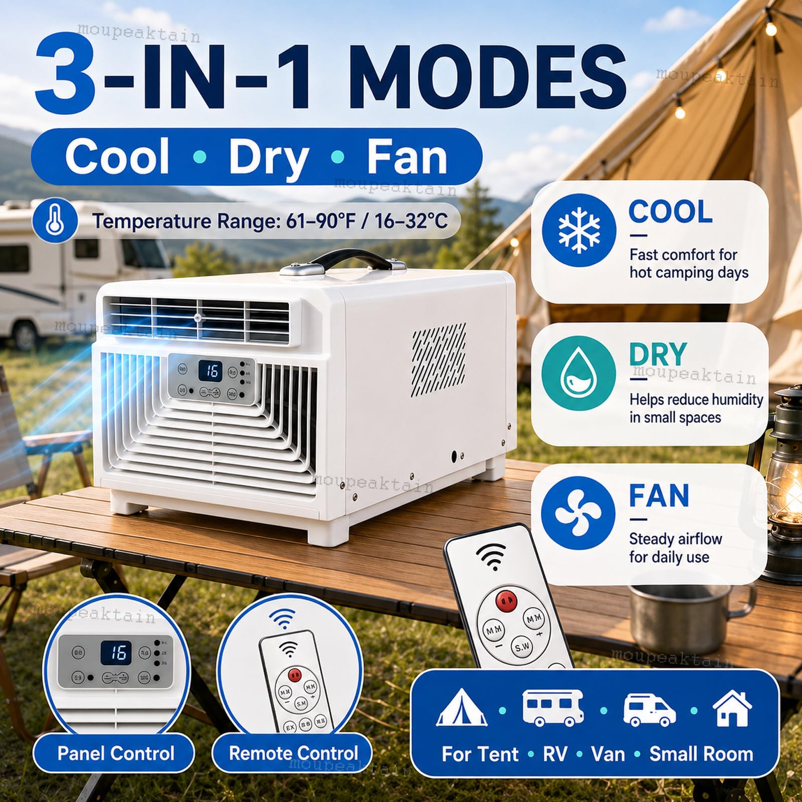 Aire Acondicionado 220V 3400 BTU, Climatizador Portátil 3 En 1 con Frío, Deshumidificador Y Ventilador Mando a Distancia, Temporizador 12h, para Autocaravana, Camión Y Habitación Pequeña