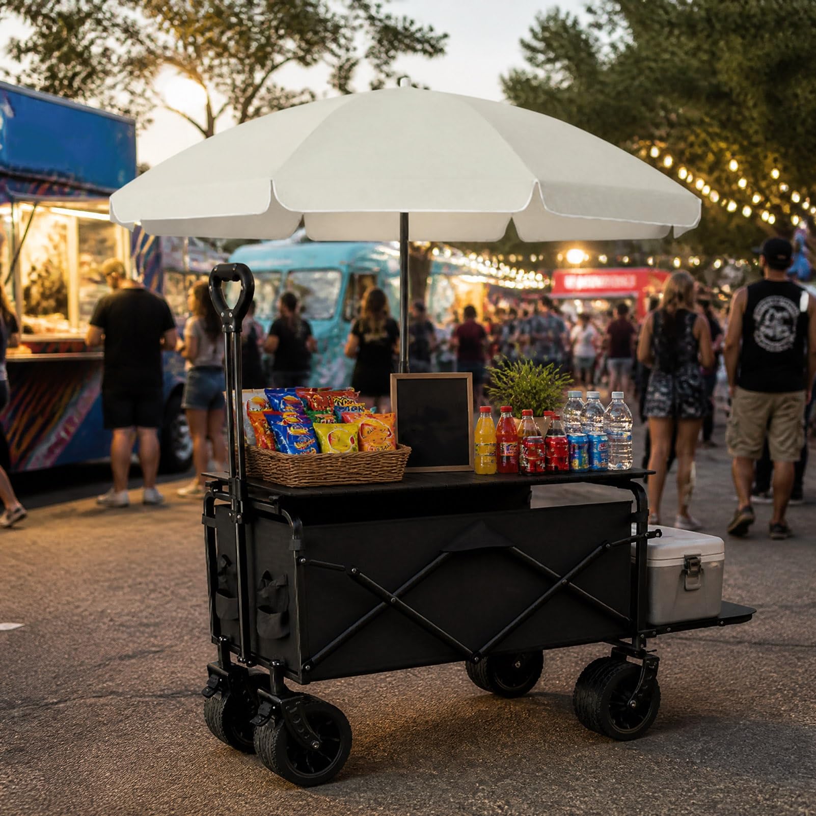 TRAGLO Foldable Outdoor Vendor Cart with Sun Umbrella, Mobile Street Food Display Stand with Wheels, Portable Utility Wagon for Markets Camping(Black)