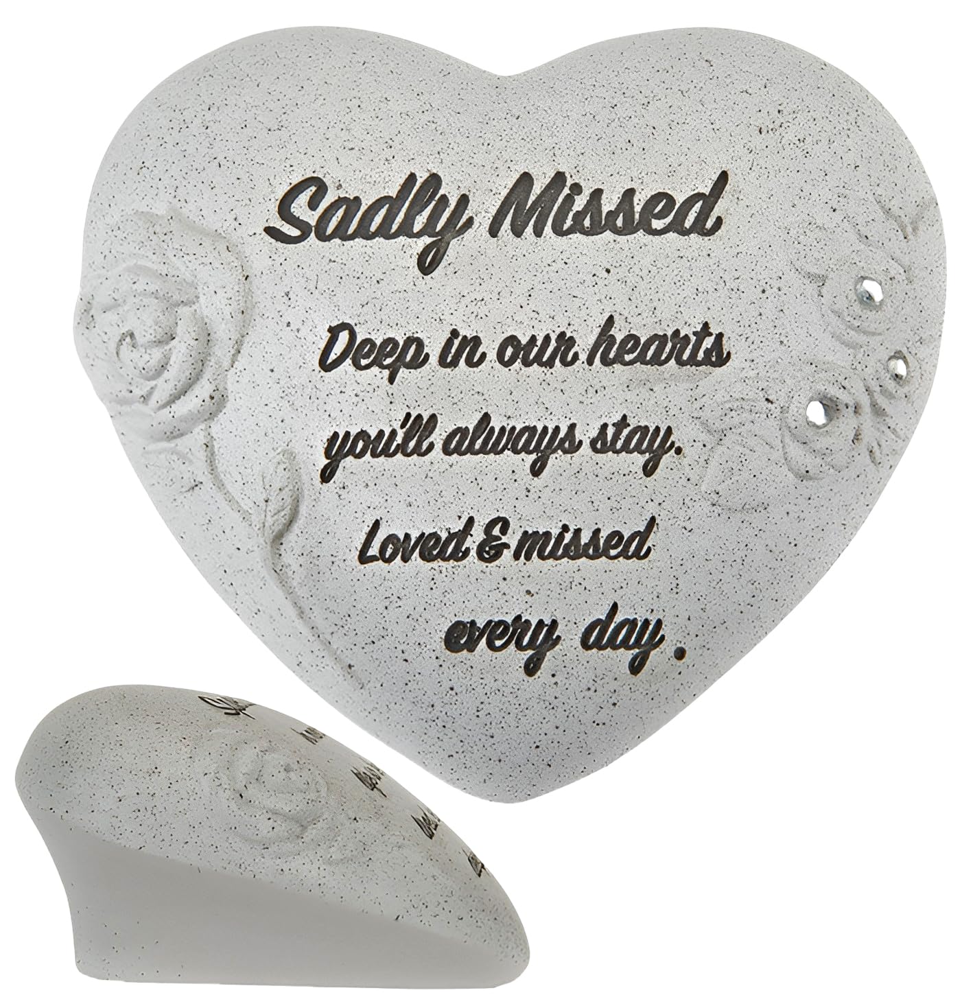 Quickdraw Supplies Light Grey Grave Ornament Memorial Heart With Diamantes & Embossed Roses – Sadly Missed Headstone Decoration, Stone Effect Graveside Cemetery Remembrance Keepsake Tribute