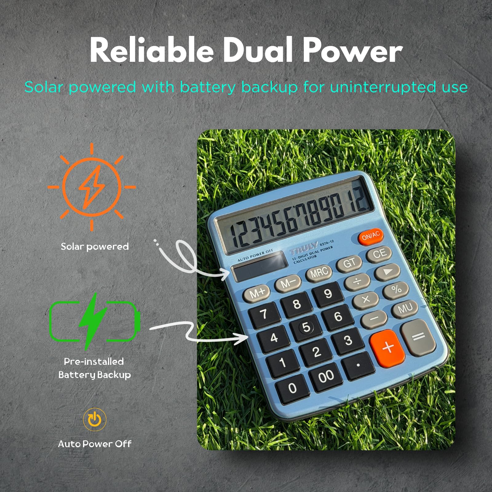 TRULY Calculadora de escritorio de 12 dígitos con pantalla grande, botones grandes, doble alimentación (solar + batería), acabado metálico, ideal para oficina, hogar, escuela - 837A Pro azul claro