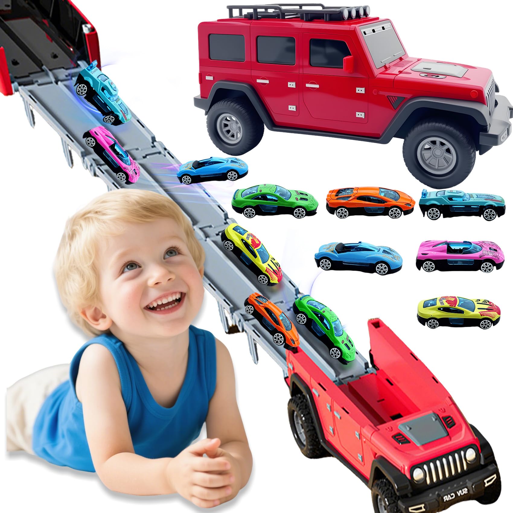 Bearbao Toddler Truck Toys for 3-8 Years Old Boys, Foldable 2 Layer Carrier Transport Truck Toys with 6 Metal Race Car with Light & Sounds, Toddler Car Toy Set Gifts for Boys Girls