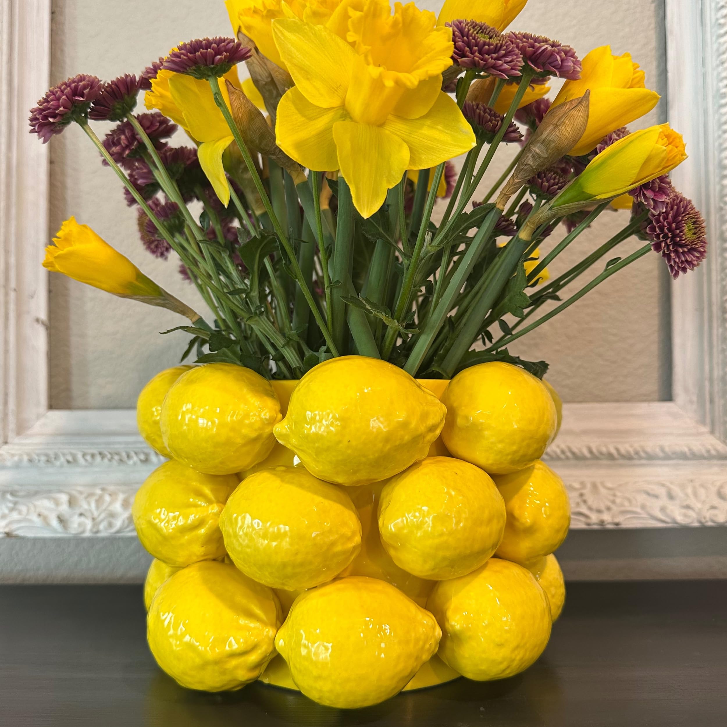 Zitronenvase – fröhliche gelbe Keramikvase im französischen/mediterranen Stil, einzigartige Vase mit 3D-Zitronen-Design, Zitronen-Küchendekoration, Geschenk zum Einzug