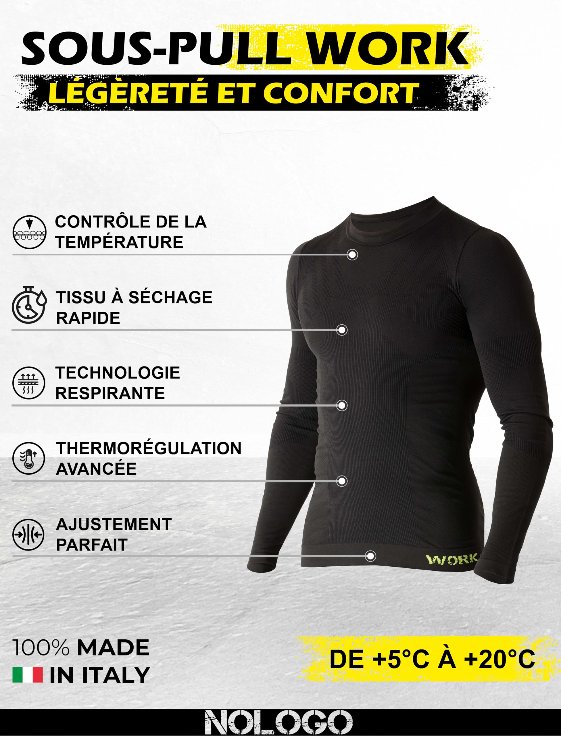Tee Shirt Homme Thermique Manches Lounges du Travail - sous Vetement Thermique Homme Èlastiques, Respirant, Chaud, sans Coutures ni Ètiquettes - Made in Italy