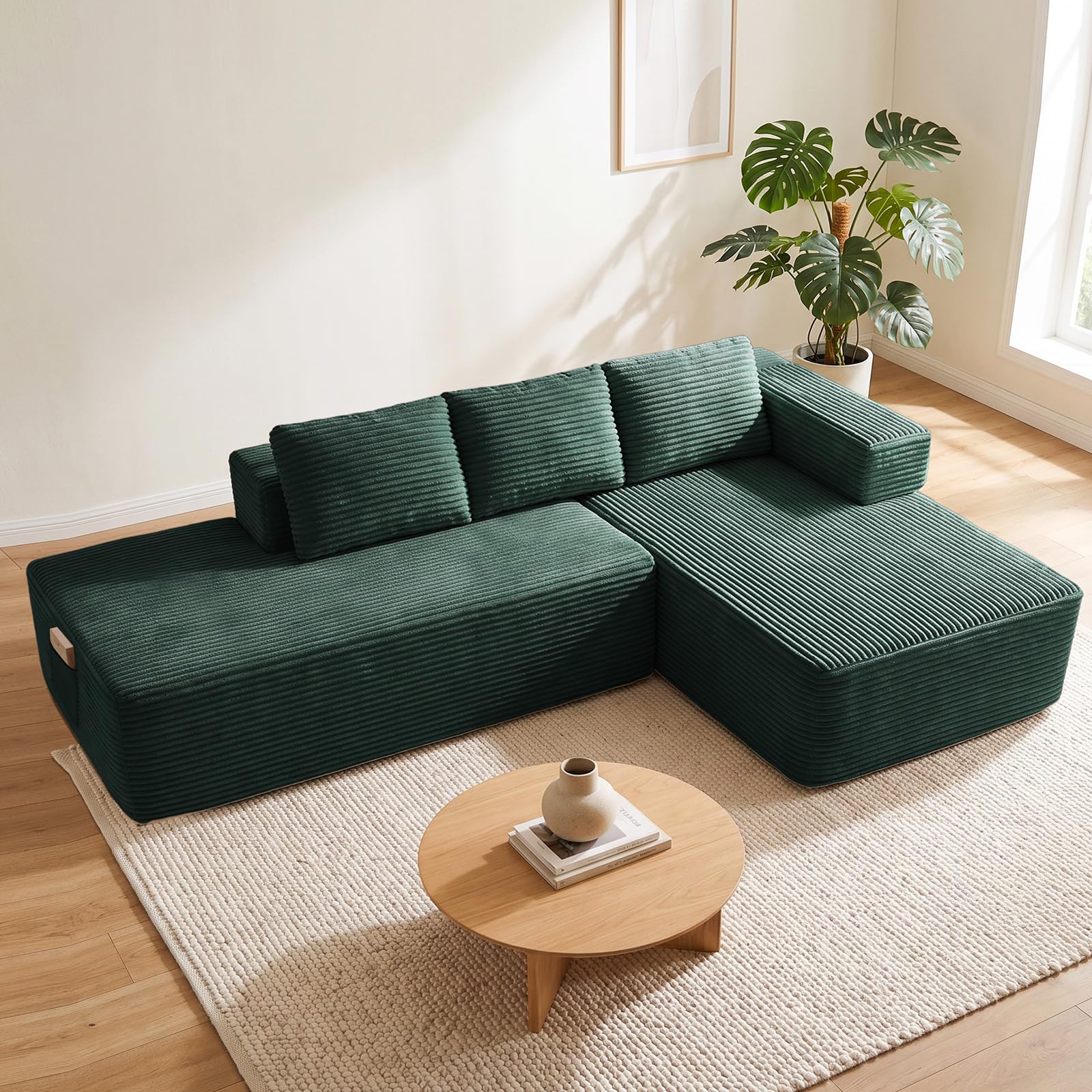 COMHOMA Divano angolare con funzione letto, 255 cm, in velluto a coste, modulare, con chaise longue e schienale in metallo, divano letto a forma di L con design aperto, cuscino e tasche laterali, per