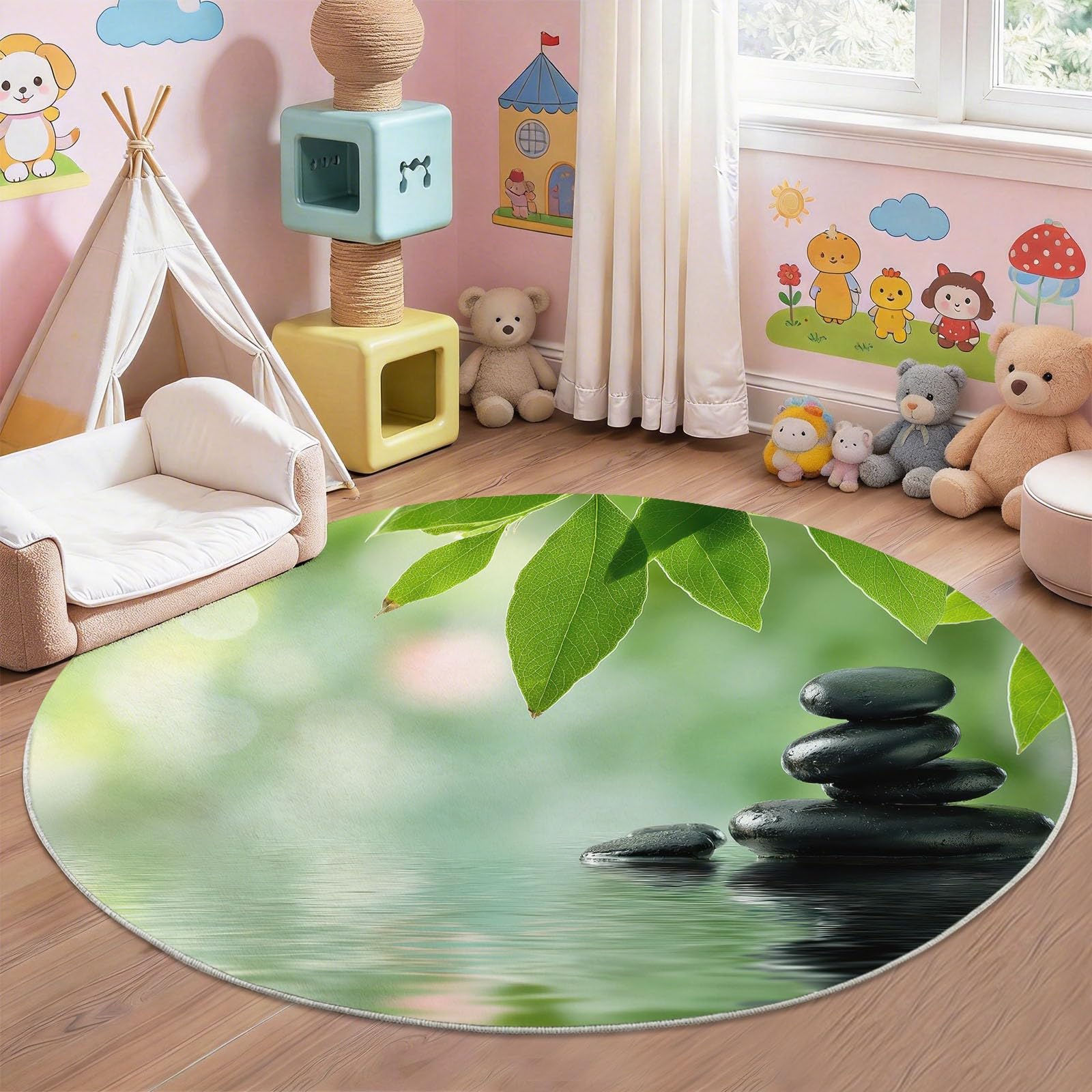 Nowoczesny minimalistyczny okrągły dywan do salonu 120 cm, czarny Zen Ułożone kamienie odblaskowe arkusz dywan do sypialni Można prać w pralce antypoślizgowy dywan sypialnia, miękki dywan do jadalni