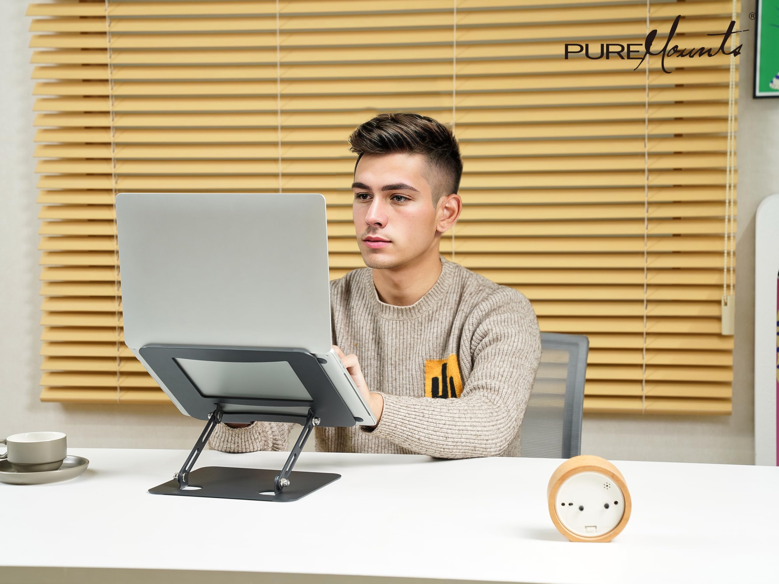 PureMounts Support Ordinateur Portable Réglable Hauteur Pliable Ergonomique Base Pivotante 360° Ventilation Patins Antidérapants Noir