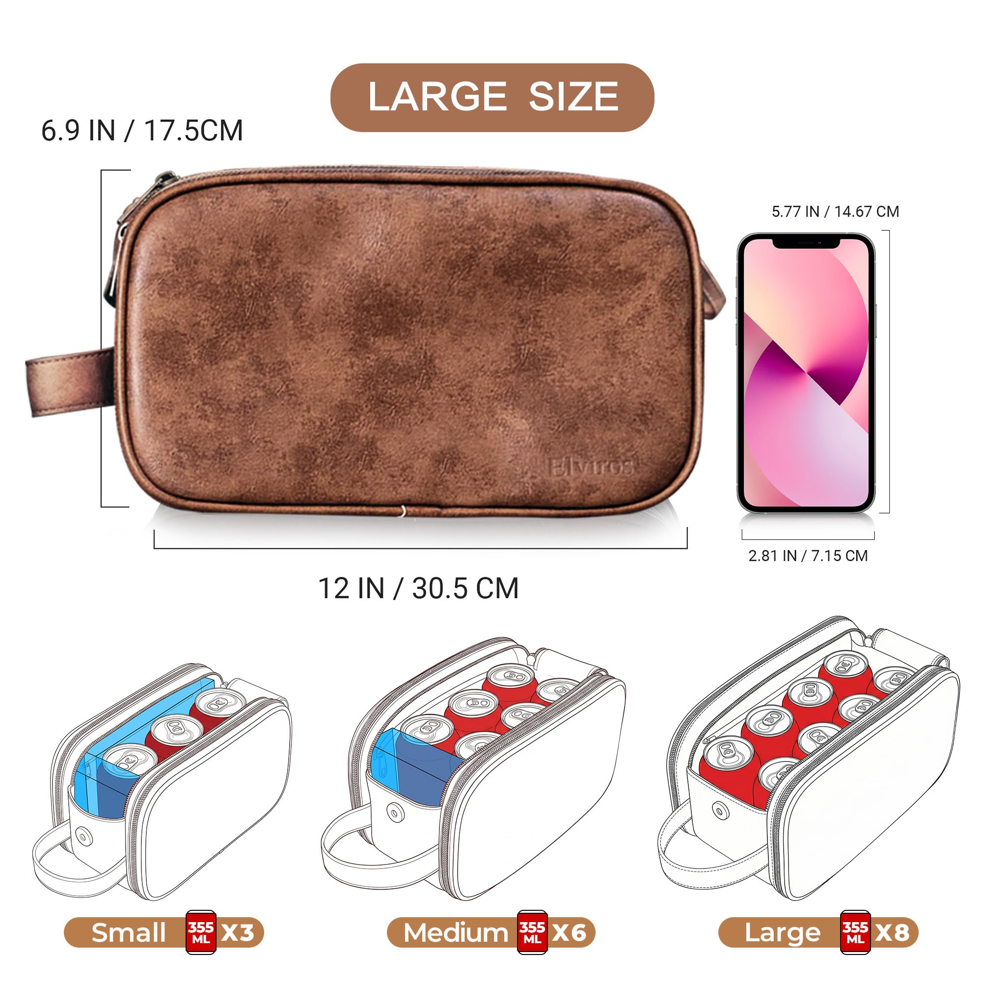 Elviros Beauty case da viaggio da uomo, grande kit dopp per rasatura, resistente all'acqua, organizer per articoli da toeletta in pelle PU, regalo per la festa del papà, Marrone scuro, Large (Pack of