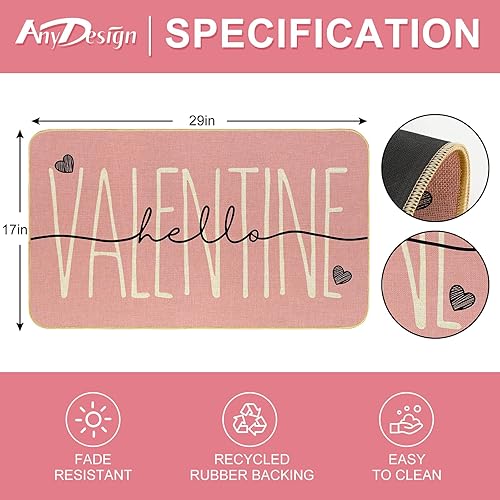 Miniatura 3 de AnyDesign - Tapete de bienvenida para el día de San Valentín, color rosa, con texto en inglés "Hello Valentine", antideslizante, para interiores y