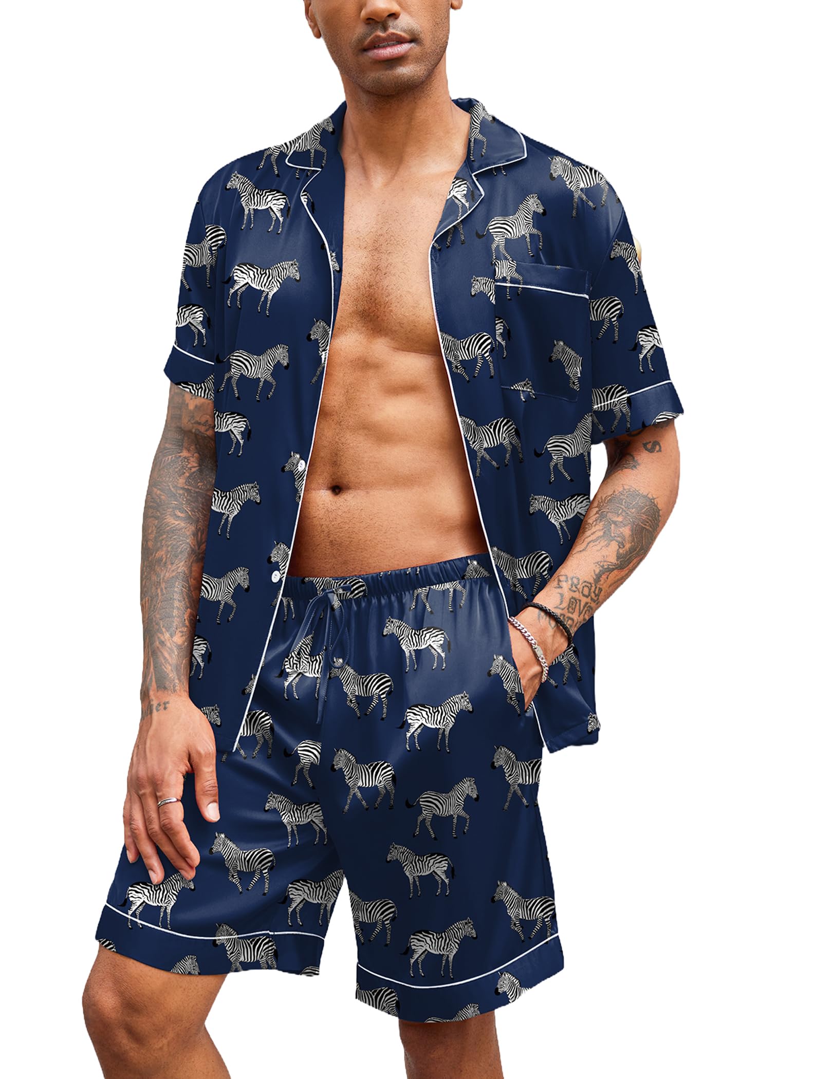 Ekouaer Mens Silk Satin Pajamas Set Short Sleeve Button Down 2 Piece PJs