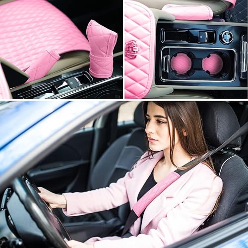 Miniatura 7 de Tallew - Juego de accesorios rosas para automóvil, fundas para el asiento, volante y reposacabezas con almohadilla, portavasos y almohadillas para