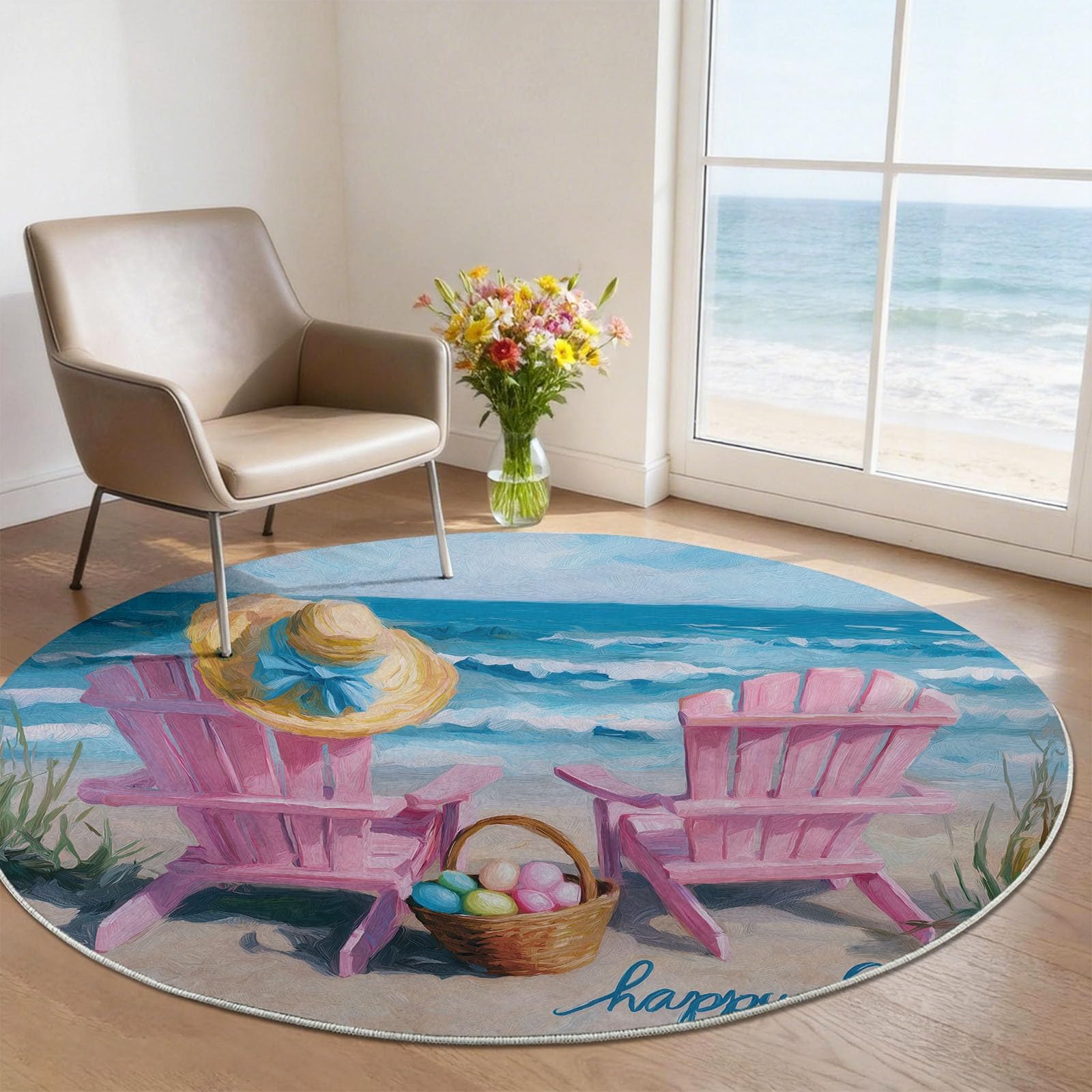 Tapis Ronds 180 cm Station Balnéaire Tapis Rond Plage Mer Chaises Longues Lavable pour Salon, antidérapant à Poils Courts - Doux pour Salle à Manger Salle de séjour Salle de Jeu, Bleu Poudré