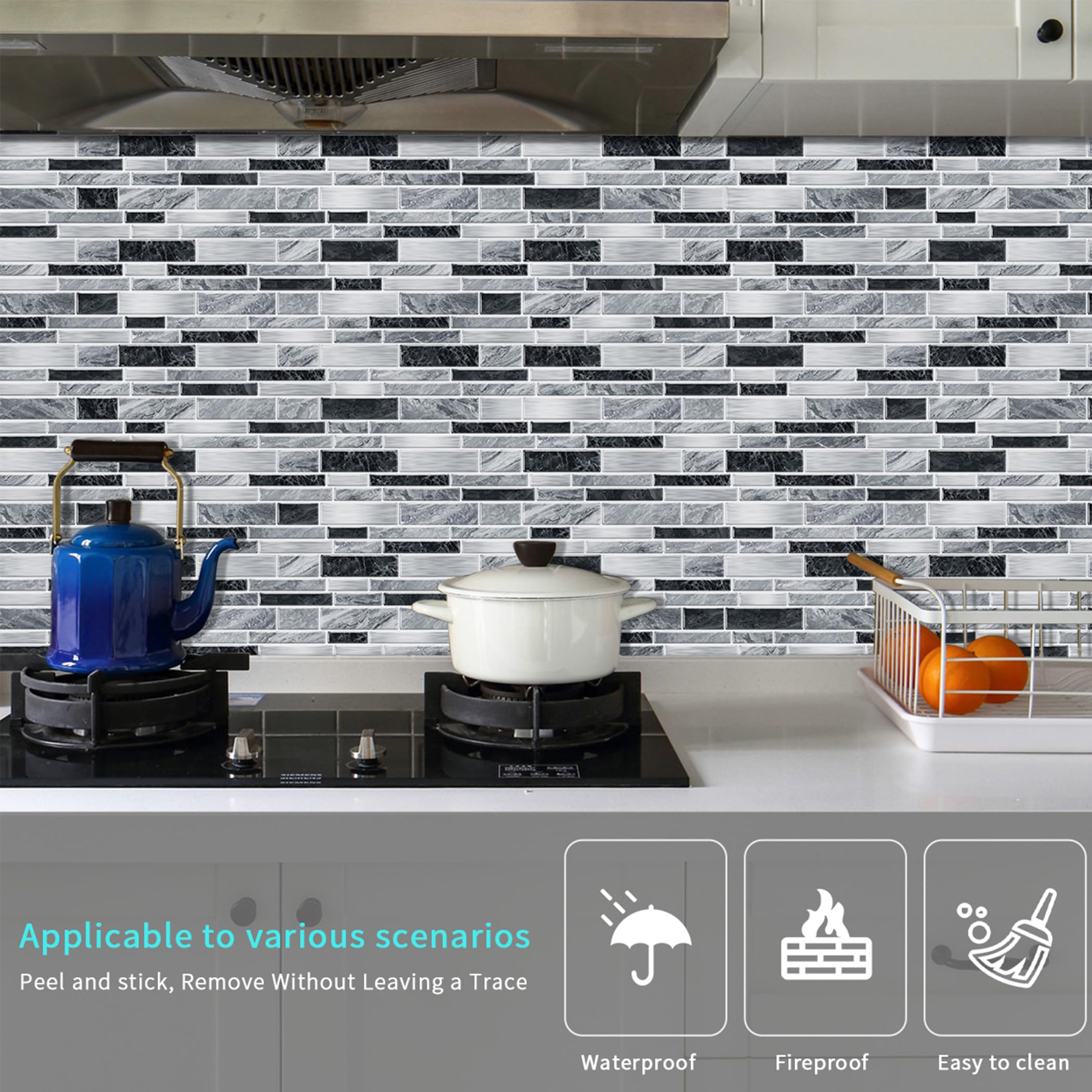 12 Piezas Azulejos Adhesivos Cocina, Pegatinas de Pared 12cm x 24.6cm Vinilos de Pared Decorativos Baño Vinilo Suelo (Efecto Piedra)
