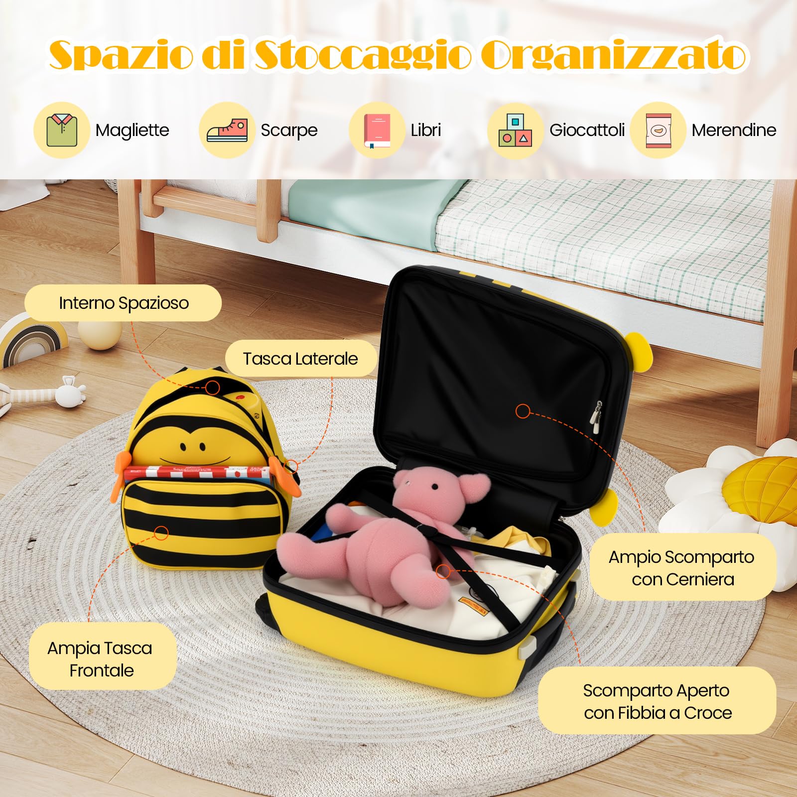 COSTWAY Set di Valigia per Bambini, 16" Valigia+ 12" Zaino, 2 Pezzi, con Ruote Girevoli a 360° e Maniglia Retrattile, Ideale per Viaggiare in Modo Comodo e Divertente (Modello 24)