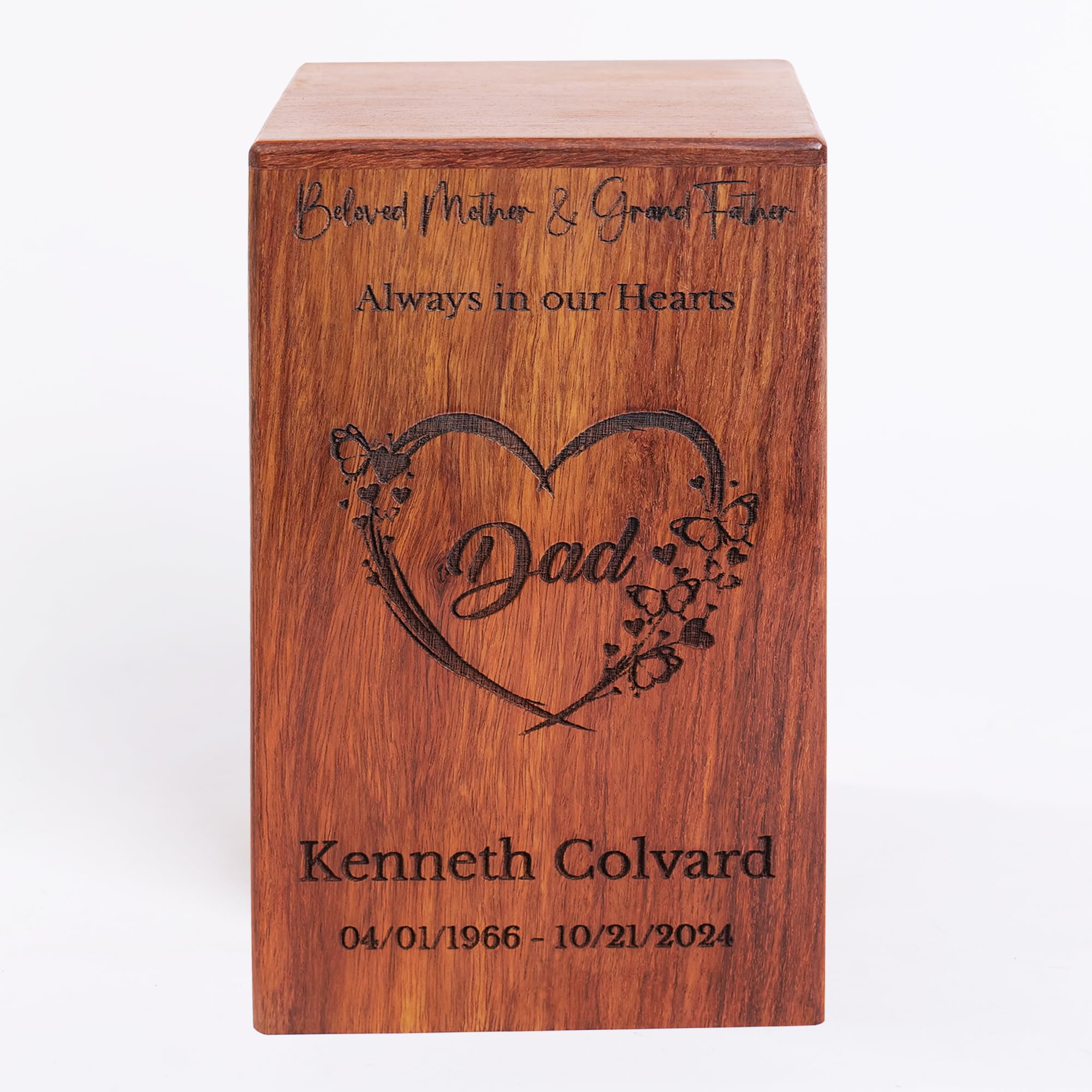 Wooden Cremation Urns for Human Ashes, Heart Design Memorial Funeral Urn for Adult Male, Female & Pets, Wooden Burial Urn, Custom Size XS to XXL (12 lbs to 250 lbs Capacity) Memorial Keepsake Box Urn