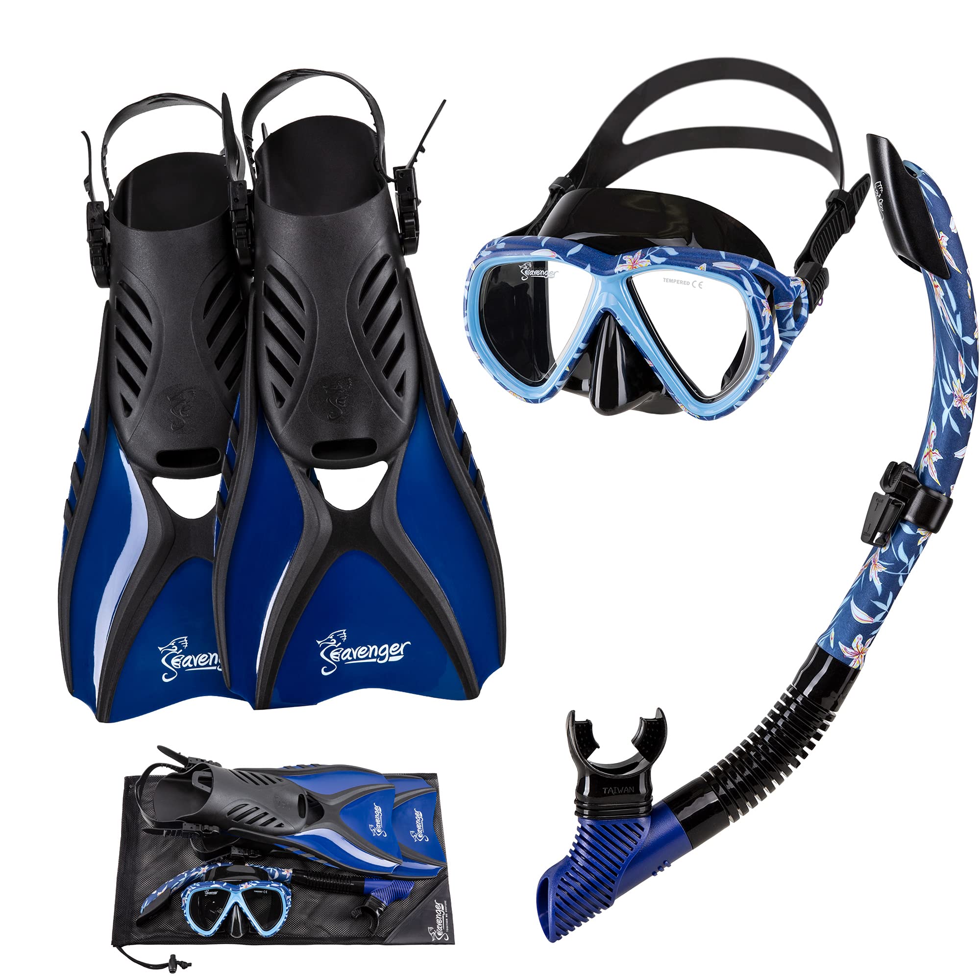 Seavenger Hanalei - Juego de snorkel (4 piezas, diseño de flores oscuras, grande)