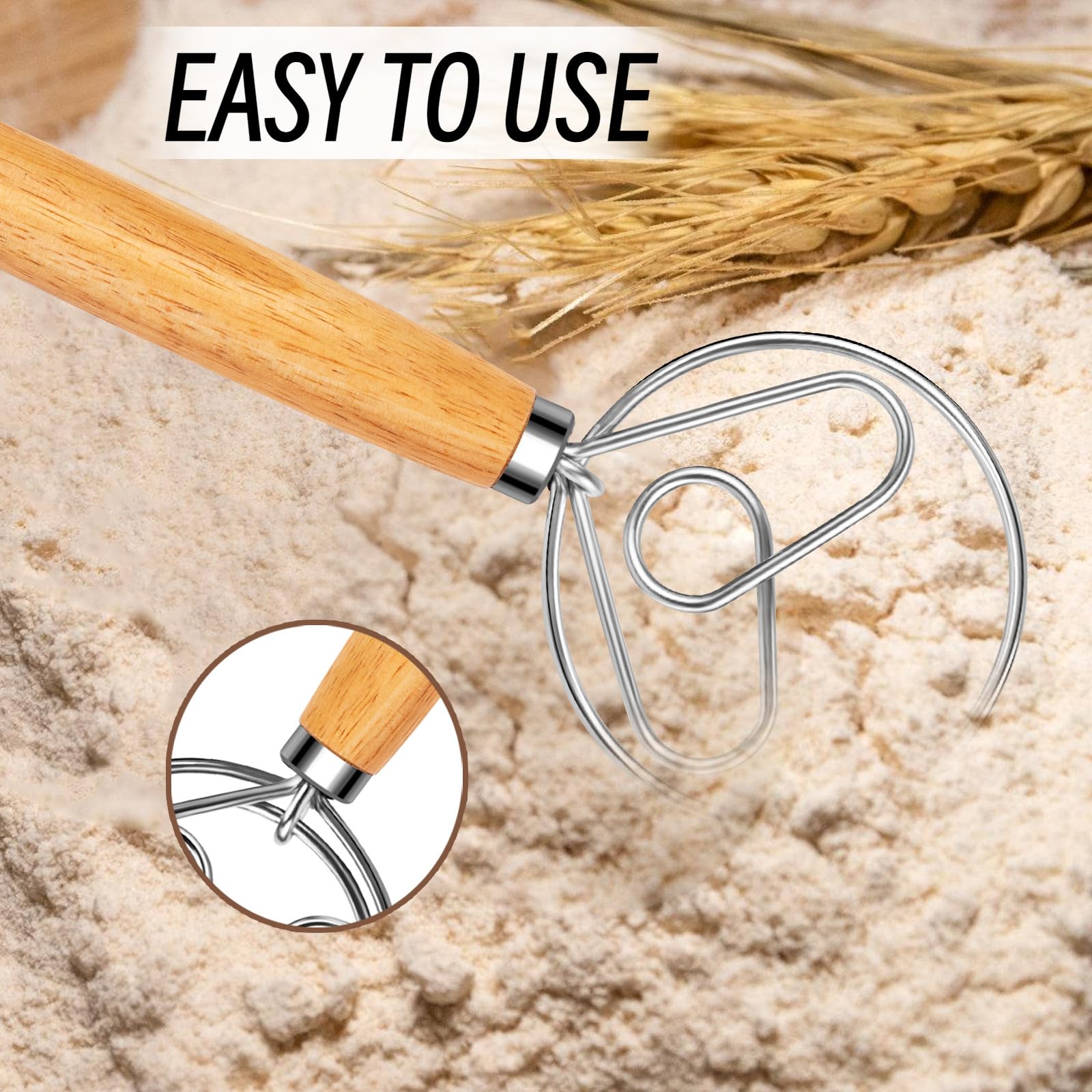 Batidor danés de masa – Batidor danés de madera para masa con gancho de acero inoxidable – Batidor tradicional holandés – Batidor de pan para masa madre suministros para hornear pan y