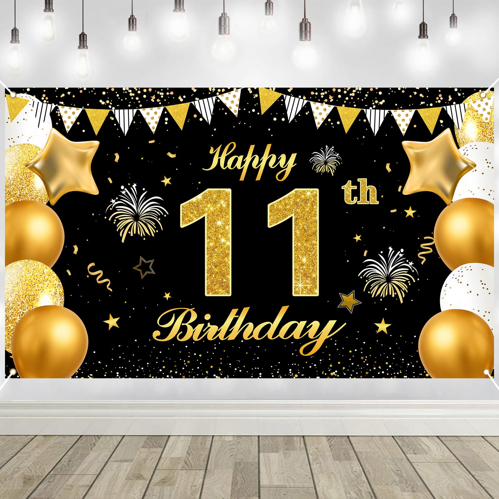 11th Birthday Decorations Banner Gold Black Happy Birthday Door Banner for Party Photo Backdrop for Men Women Home Outdoor Cover Party Decoration Supplies Poster