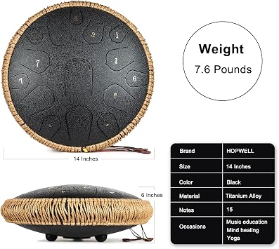 Steel Tongue Drum - HOPWELL 15 Note 14 Inch Tongue Drum - Hand Pan Drums with Music Book, Steel Handpan Drum Mallets and Carry Bag, D Major (Black)