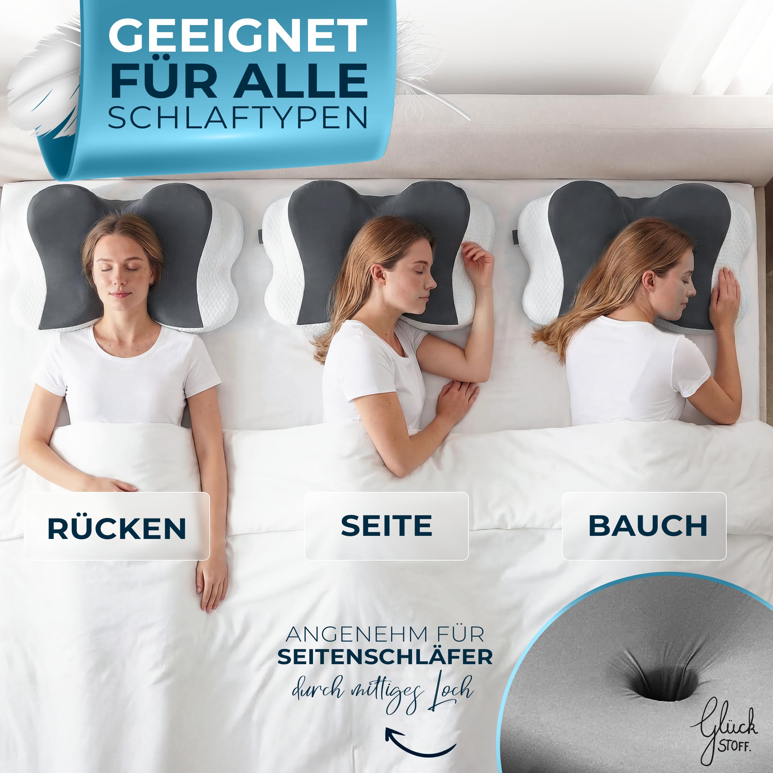 Glückstoff® Ergonomisches Kissen [Innovationspreis für Ergonomie nominiert] Kopfkissen aus Memory Foam | Ergonomisches Nackenkissen Nackenrolle Seitenschläferkissen Grau