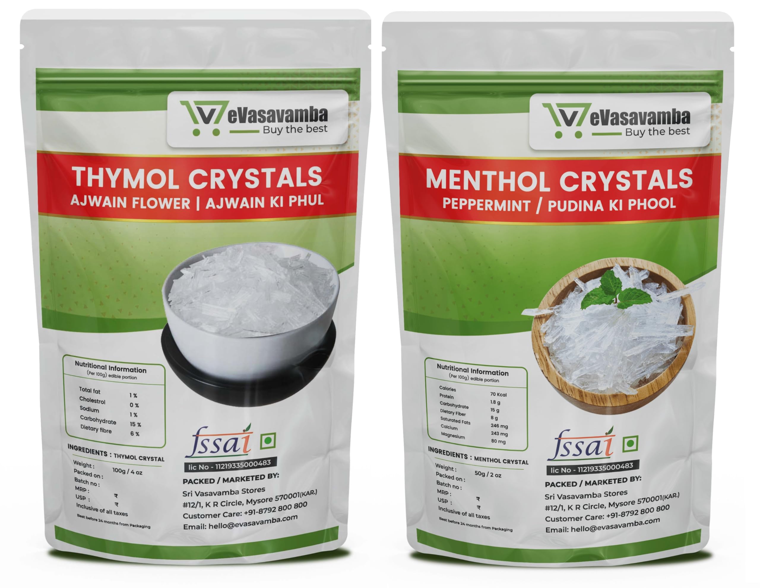 eVasavamba Premium Thymol & Menthol Crystals | 100% Pure & Natural | Ajwain Flower (Thymus Vulgaris) & Mint (Pudina Ka Phool) | Vamu Puvvu | Joni Guti Yamani Ajamo | A++ Grade (Thymol (100g) & Menthol (50g) Crystals)