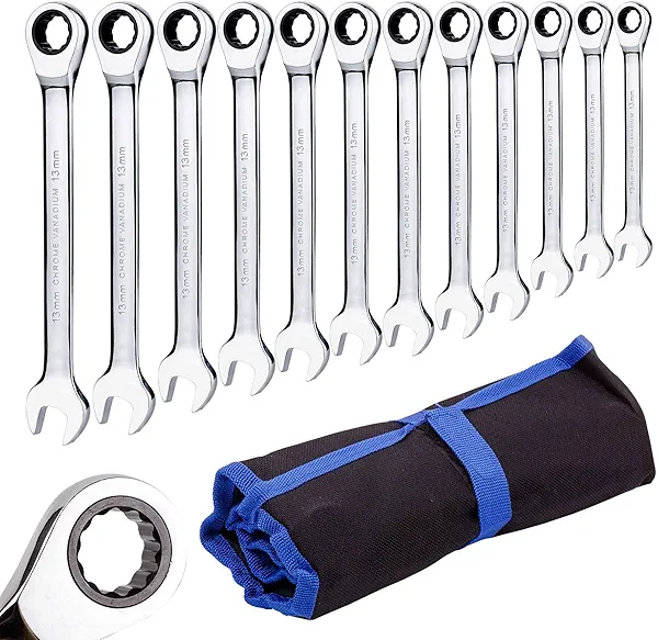 Qnkaa Ratchet Spanner Set Combination Wrench 12 Piece Metric Sizes from 8mm to 19mm with Roll Bag, Perfect for Home, Bike, Car Repairs