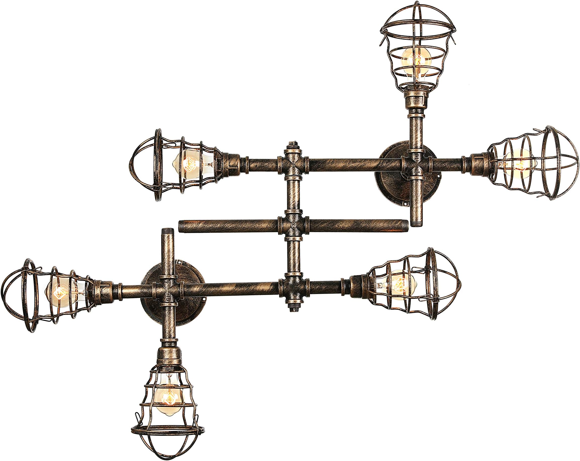 KWOKING Lighting 6 Lights Industrial Cage Pipe Pendant Light Metal Vintage Hanging Edison Ceiling Lights Chandelier Semi Flush Mount Ceiling Lamp Fixtures for Kitchen Living Room Warehouse Bar