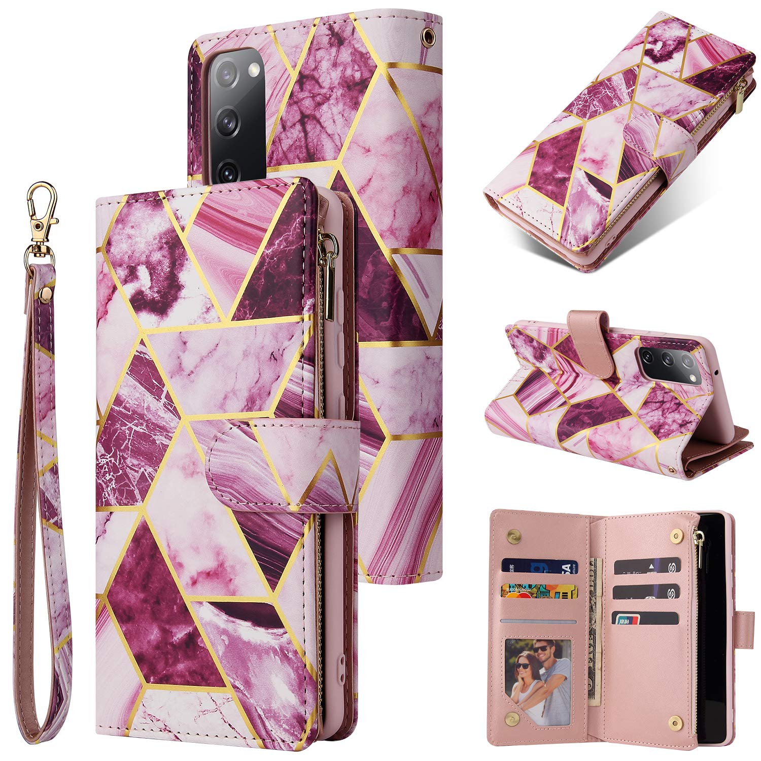 DEFBSC Zipper PU Marble Case for Samsung Galaxy S20 FE 5G,Wallet Case with Card Slots Wrist Strap, Magnetic Closure Kickstand Function Full-Body Protective Cover for S20 Fan Edition 5G 6.5"-Purple